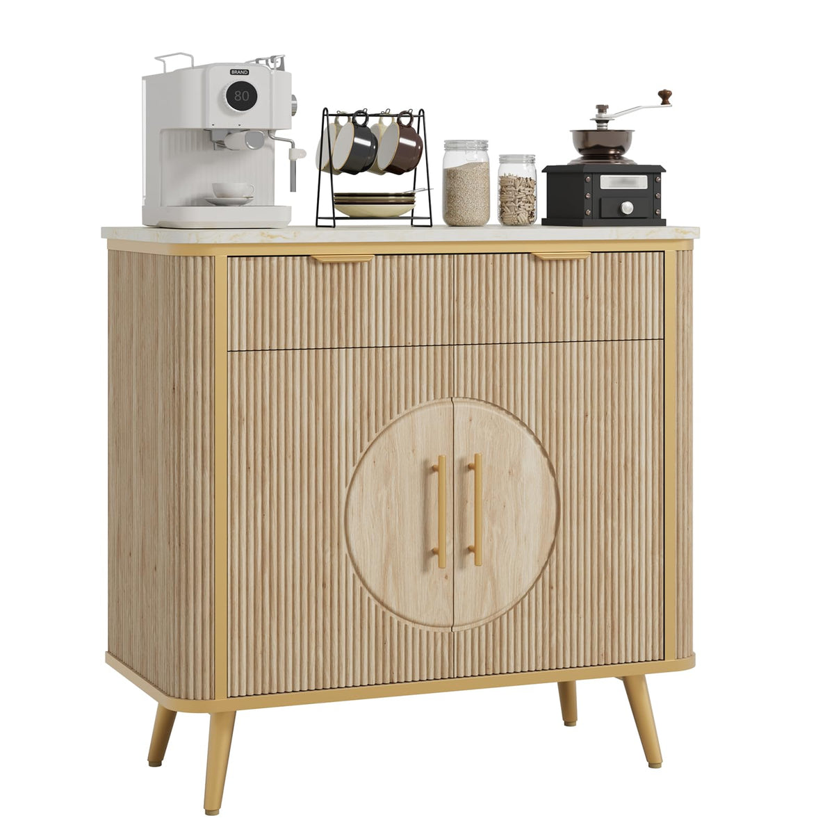 35" Modern Sideboard Buffet with Storage, Kitchen Storage Cabinet with Adjustable Shelves & 2 Drawers, Accent Fluted Coffee Bar Cabinet with door for Kitchen, Dining Room, Living Room, Nature Oak