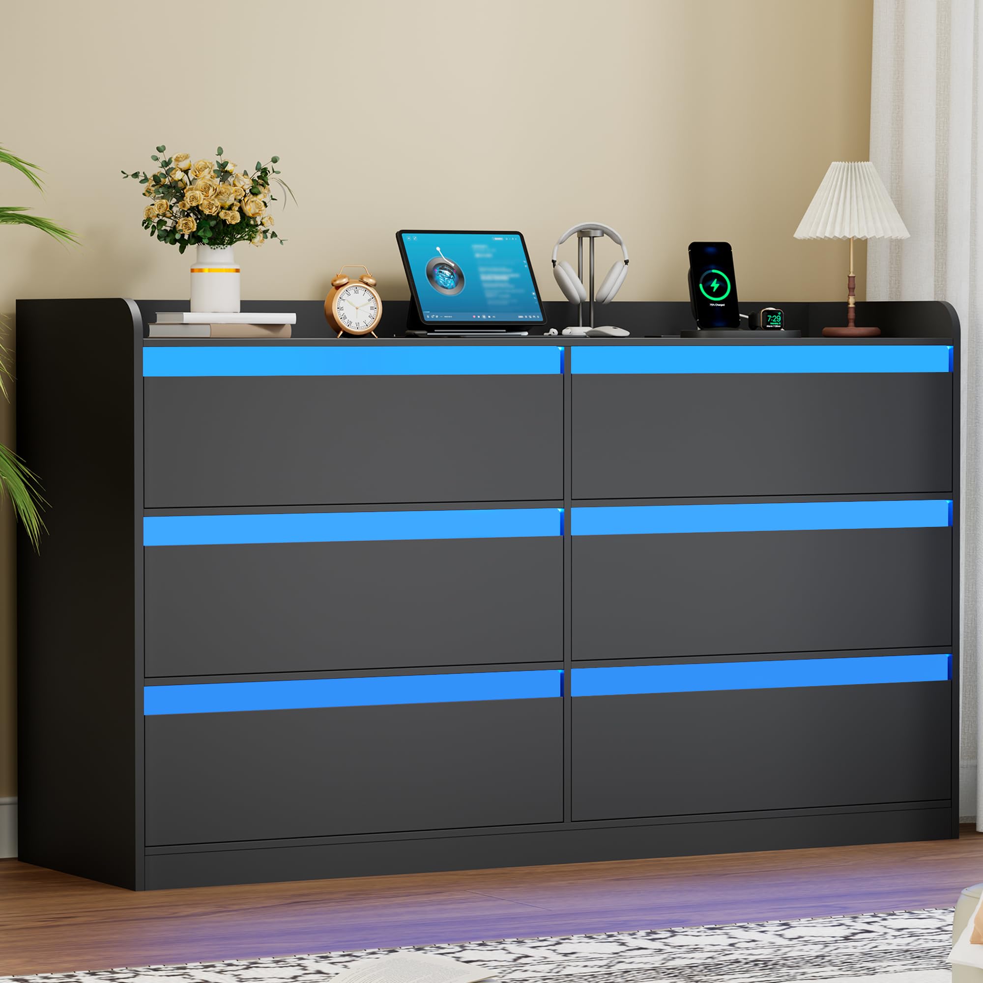 YUNSCEND Black Dresser with Power Outlet and LED Lights, Modern 6 Drawer Dresser for Bedroom, 47.2” Long Chest Of Drawer Deep Drawer Dressers TV Stand for Living Room Closet Hallway Entryway UXKCG006B
