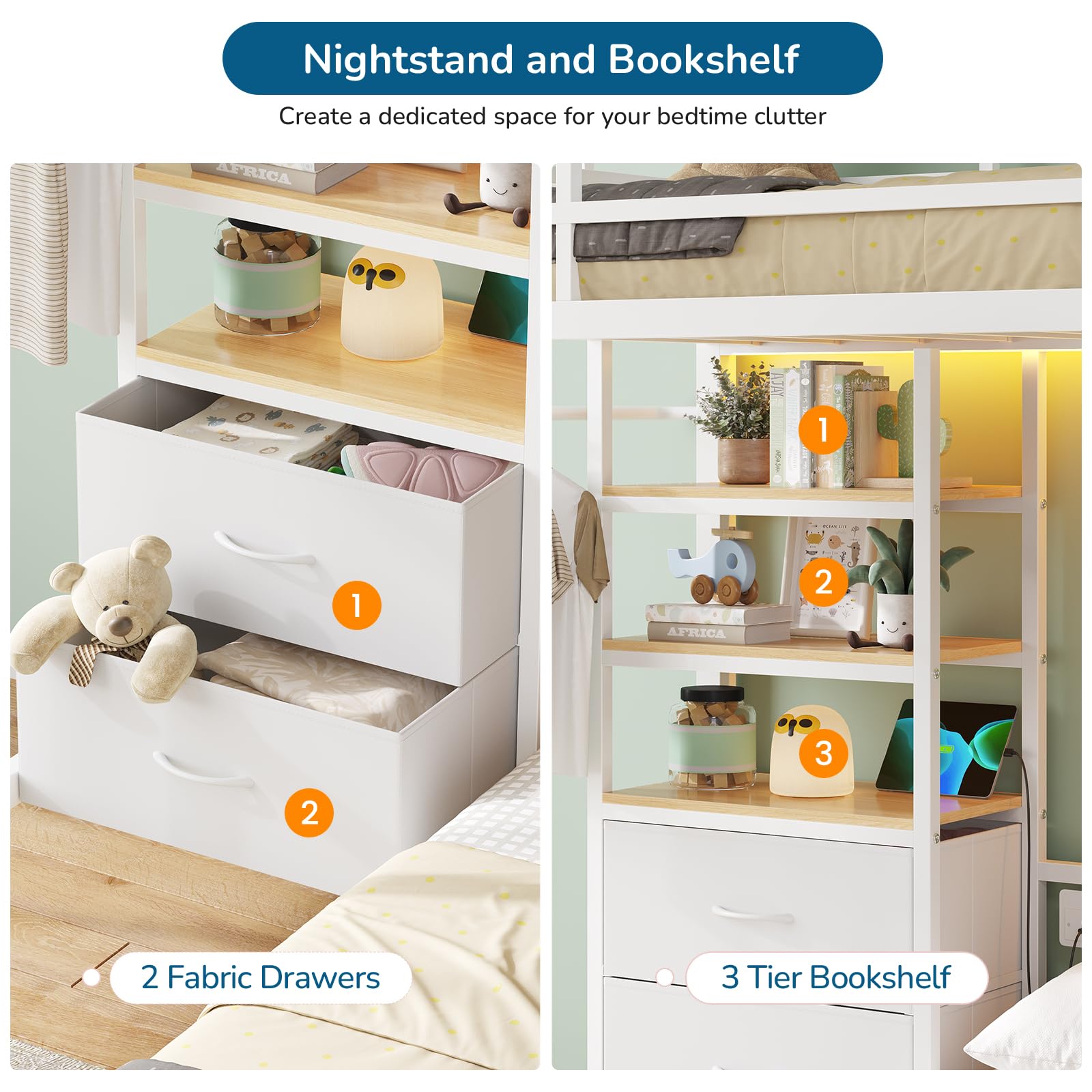 Twin Over Full Bunk Bed with Storage Drawers, Bookshelf & LED Lights