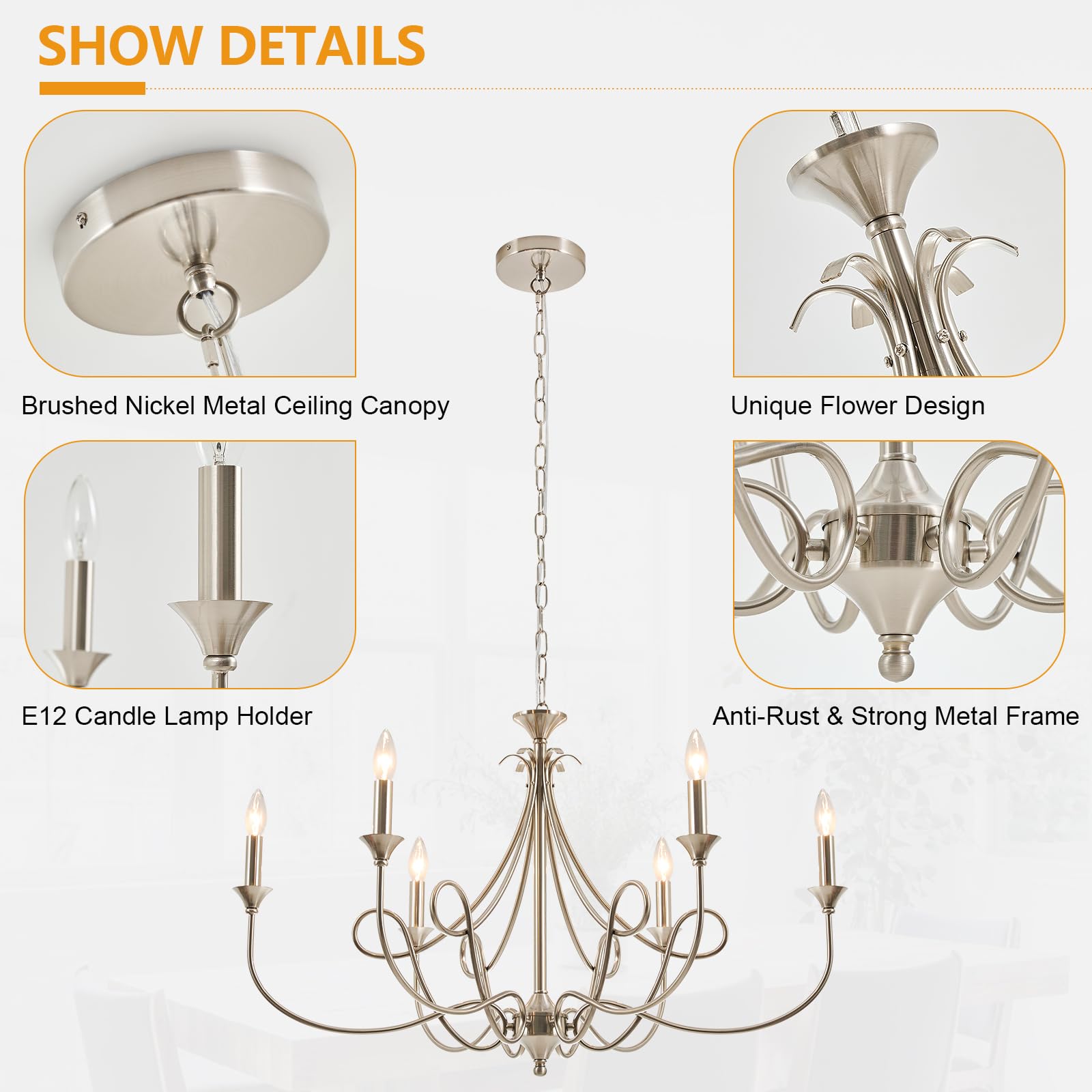 Afirstcght Modern Brushed Nickel Chandelier, 6-Lights Candle Dining Room Light Fixture 36.6in Farmhouse Chandeliers Metal Pendant Lights for Living Room Bedroom Entryway Kitchen Island