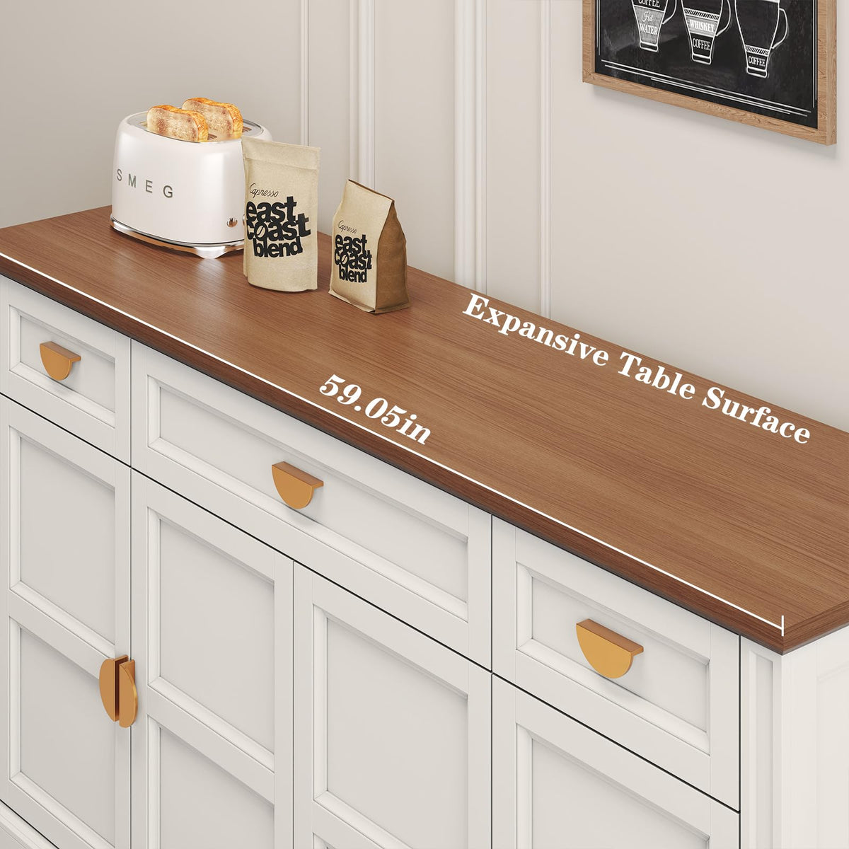 HLR 60'' Shaker-Style Large Sideboard Buffet Cabinet with Storage, White