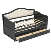 Bellemave Twin Size Daybed Frame with Trundle and Storage Drawers,Day Bed Frame Twin Size,Wood Daybed with Upholstered Button Tufted Backrest for Bedroom,Living Room,Black