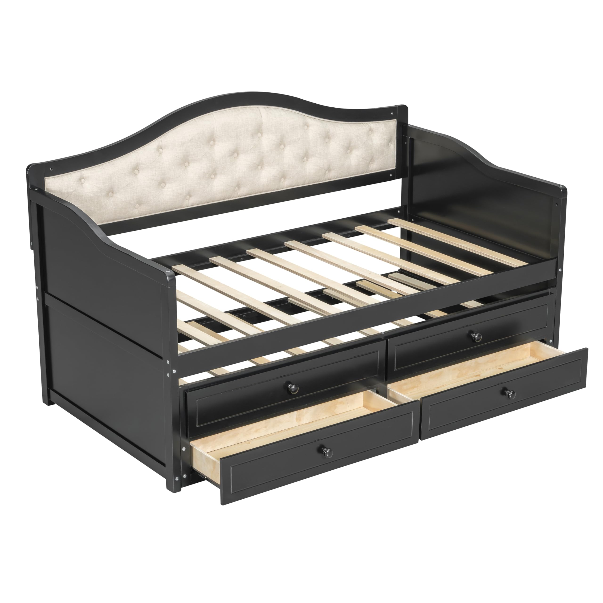 Bellemave Twin Size Daybed Frame with Trundle and Storage Drawers,Day Bed Frame Twin Size,Wood Daybed with Upholstered Button Tufted Backrest for Bedroom,Living Room,Black