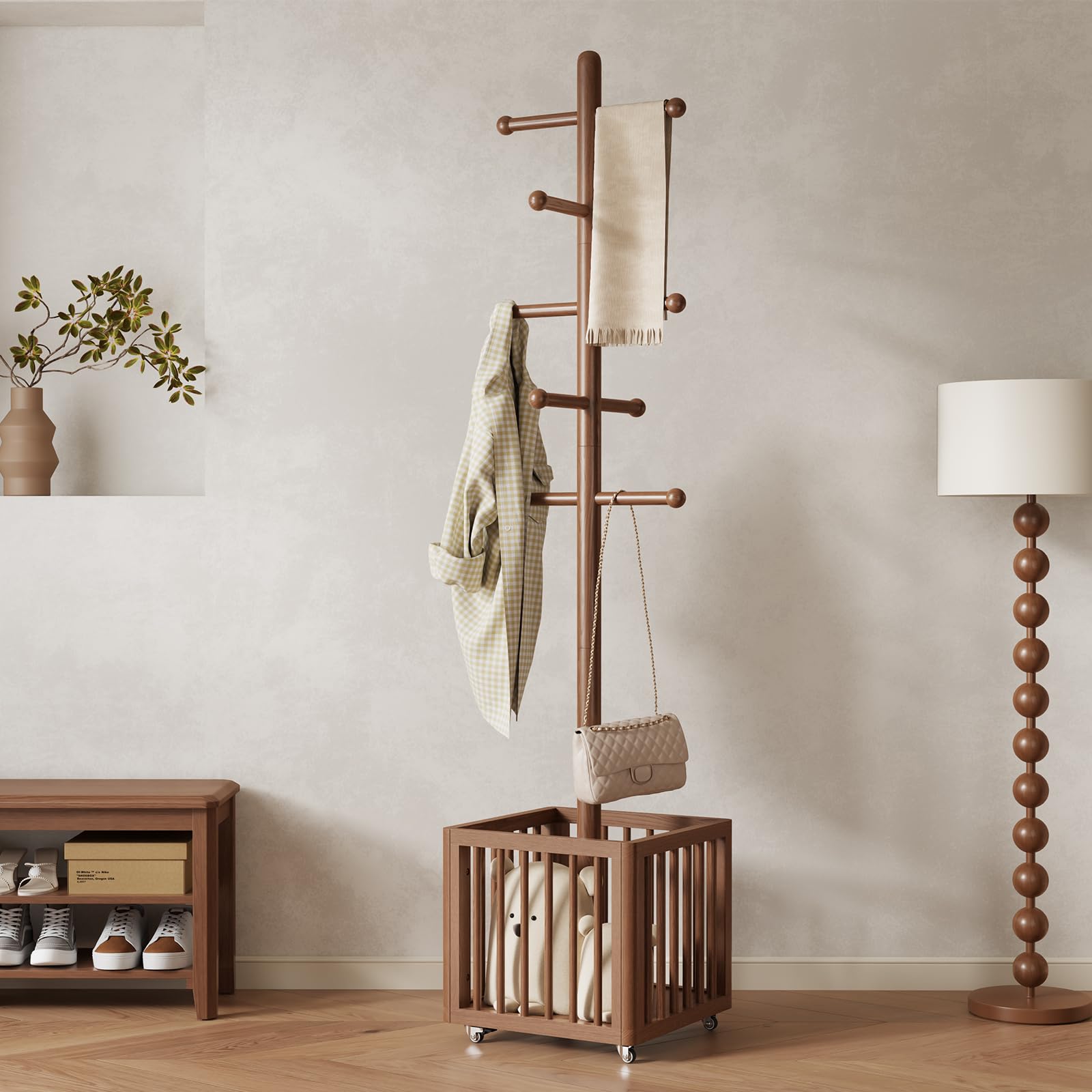 Wood Tree Coat Rack with 10 Hooks & Rolling Wheels