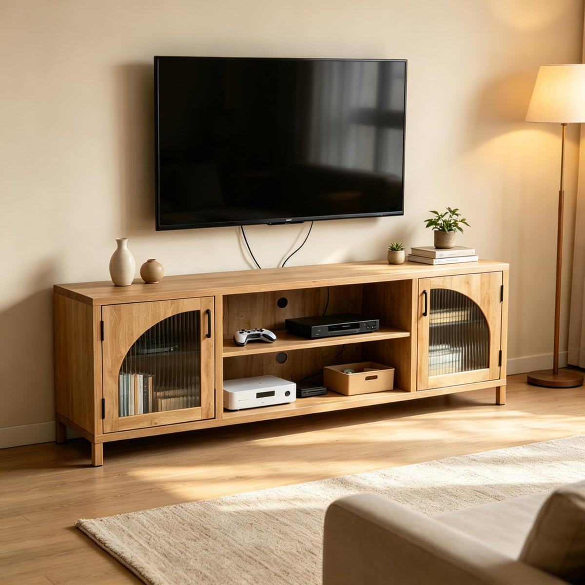 Oak Fluted Glass TV Stand