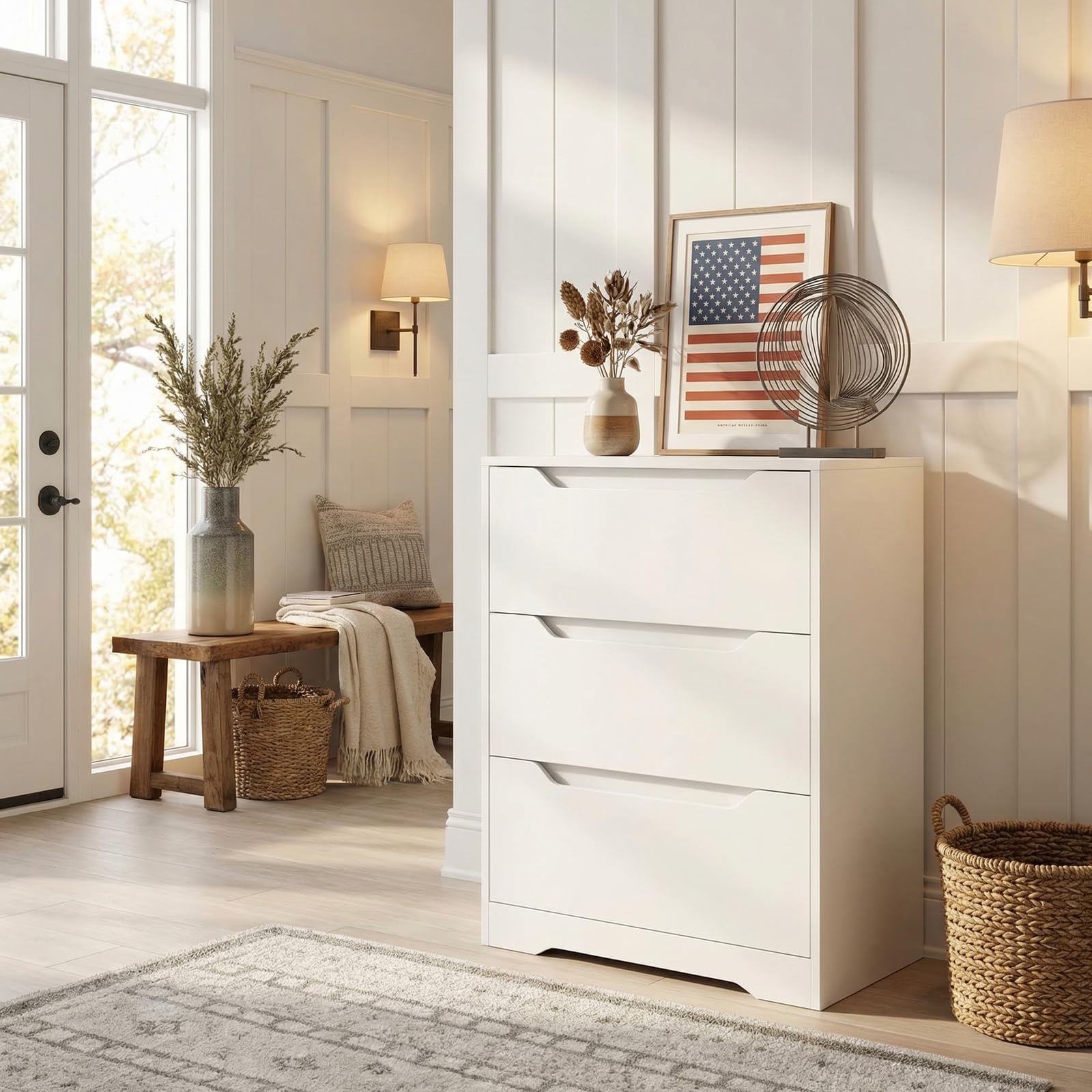 HOSTACK Modern 3 Drawer Dresser, Wood Chest of Drawers with Storage, Tall Nightstand with Cut-Out Handles, Side End Table, Accent Storage Cabinet for Living Room, Entryway, White