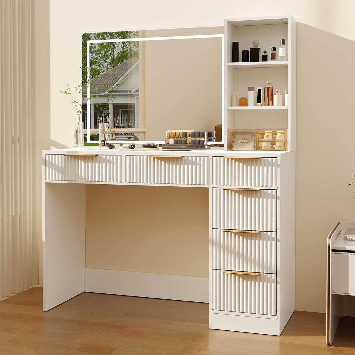 Patikuin 52" Fluted Makeup Vanity Desk with Mirror & Adjustable Lighting, Dressing Table with 6 Drawers, Glass Top, Shelves & Hairdryer Stand for Bedroom, Modern Vanity with Charging Station, White