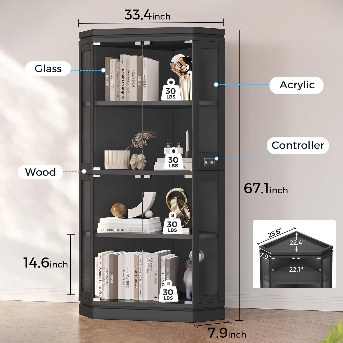 Jocoevol 67" Tall Corner Glass Display Cabinet with Multi-Color RGB Lights