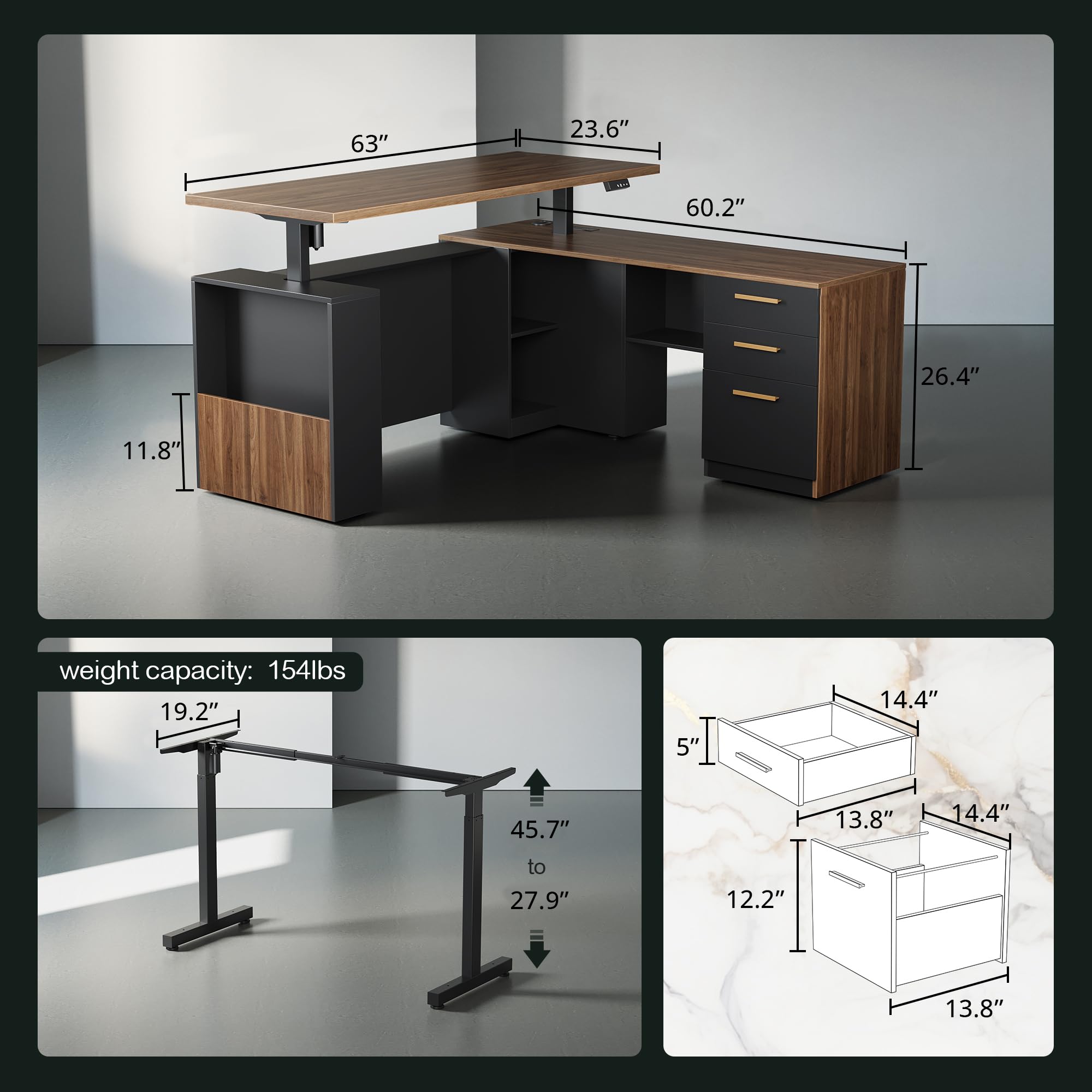 L-Shaped Electric Standing Desk with File Cabinet
