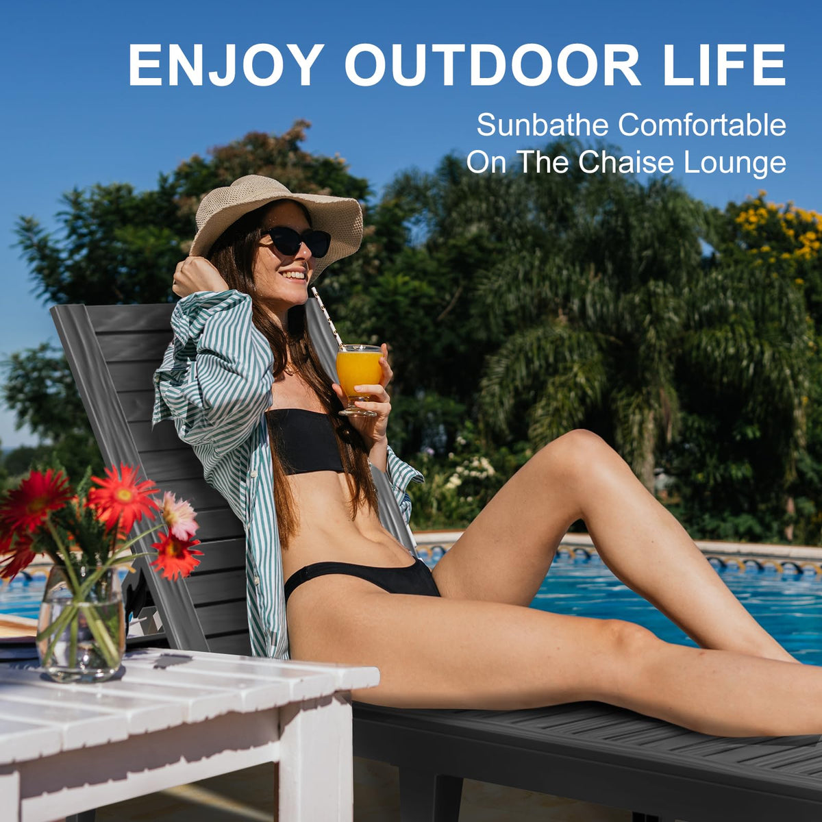 EasyUp Chaise Lounge Chair Outdoor, Resin Lounge Chair with 5-Position Backrest, UV - Resistant, Waterproof for Pool, Beach & Patio (2, Black)