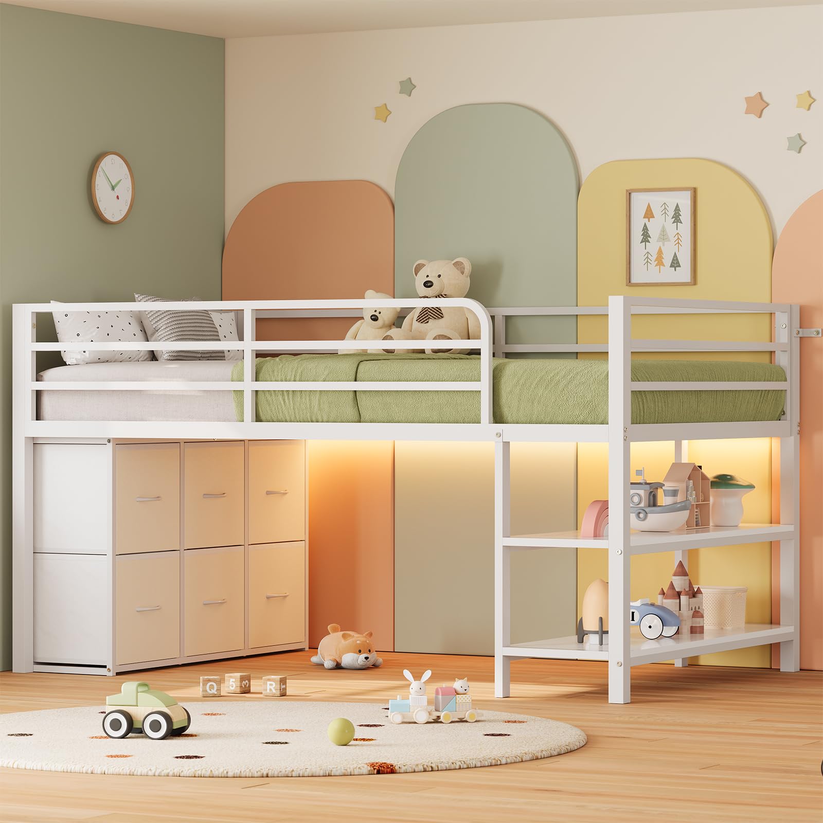 ADORNEVE Low Loft Bed with 6 Storage Drawers, Twin Loft Bed with LED Lights, Metal Loft Bed Twin Size with Open Storage Shelves, Twin Bed Frame with 15" H Safety Guard Rail for Kids, White