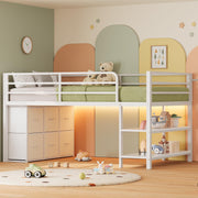 ADORNEVE Low Loft Bed with 6 Storage Drawers, Twin Loft Bed with LED Lights, Metal Loft Bed Twin Size with Open Storage Shelves, Twin Bed Frame with 15" H Safety Guard Rail for Kids, White