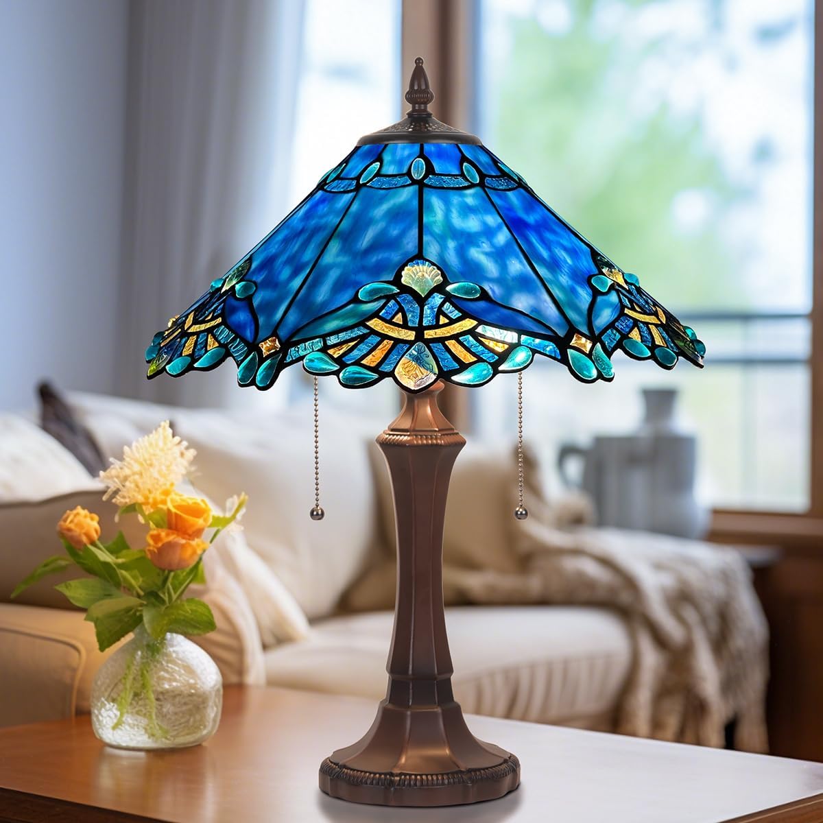 COTOSS Tiffany Table Lamp for Living Room,Blue Stained Glass Table Light,Antique Style 16 inch Large Desk Lamp 2 Light Beside Reading Lamp for Bedroom Office
