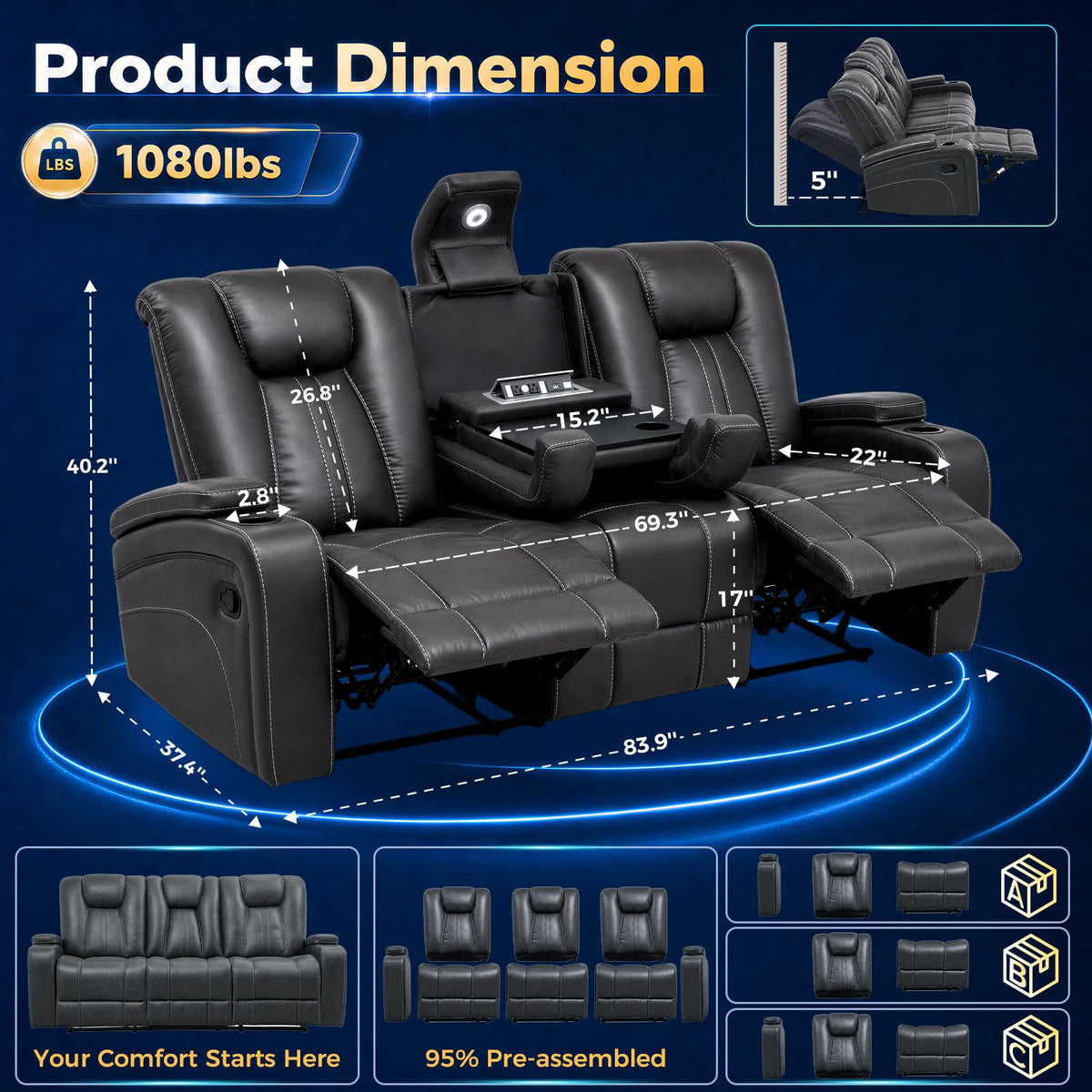 3-Seater Microfiber Reclining Sofa