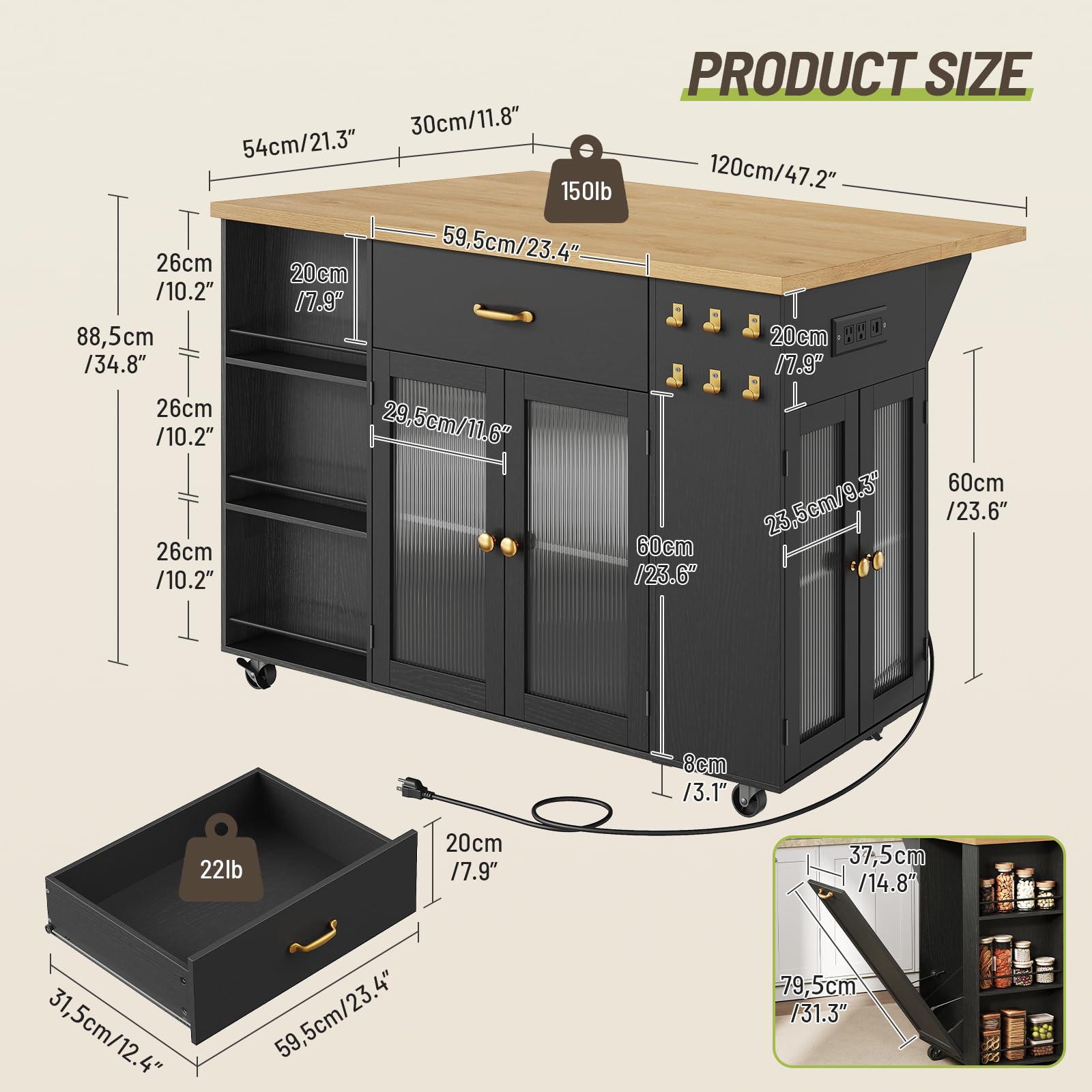 STHYTON Kitchen Island with Drop-Leaf and Charging Station, Mobile Kitchen Cart on Wheels, 2 Storage Drawers, Trash Cabinet, 3-Tier Open Shlves, Island Table for Kitchen, Dinner, Black and Natural