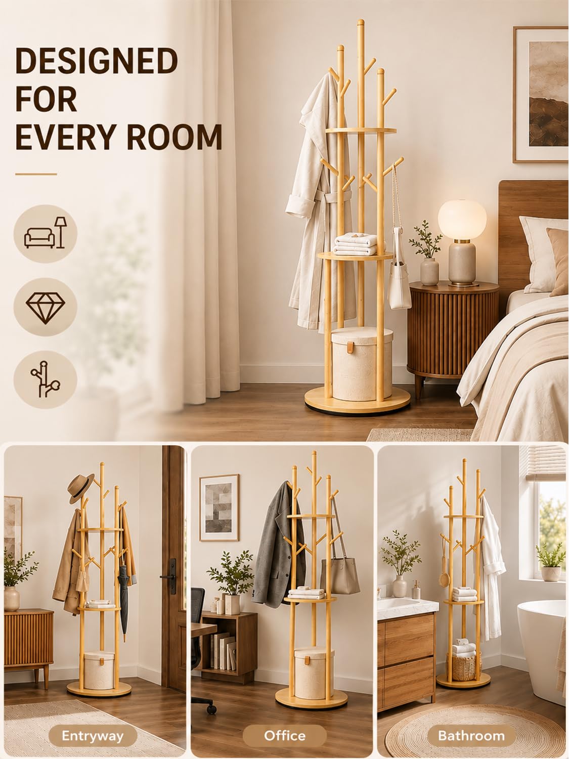 Rotating Coat Rack with Shelves