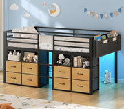 Kids Twin Low Loft Bed with Storage Drawers, Bookcase & LED Lights