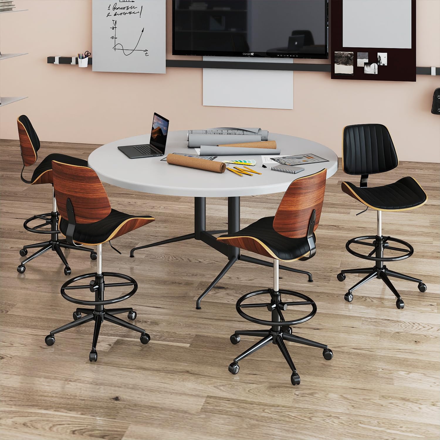 Ergonomic Drafting Chair with Walnut Wood Back