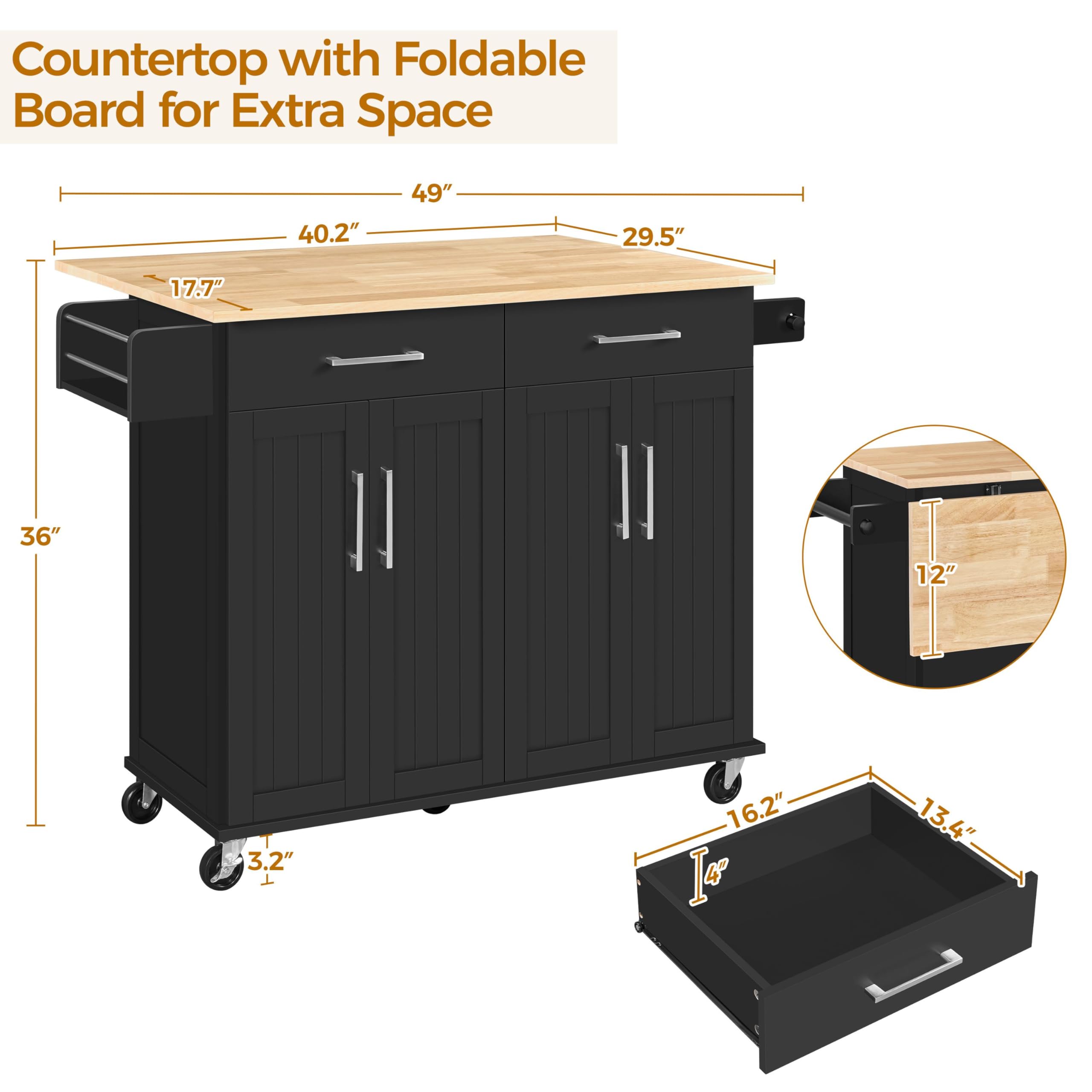 Yaheetech Kitchen Island Cart with Drop Leaf, 49" Rolling Island Table with Storage, Drawer, Kitchen Cart with Rubberwood Top, Detachable Towel & Spice Rack, Black
