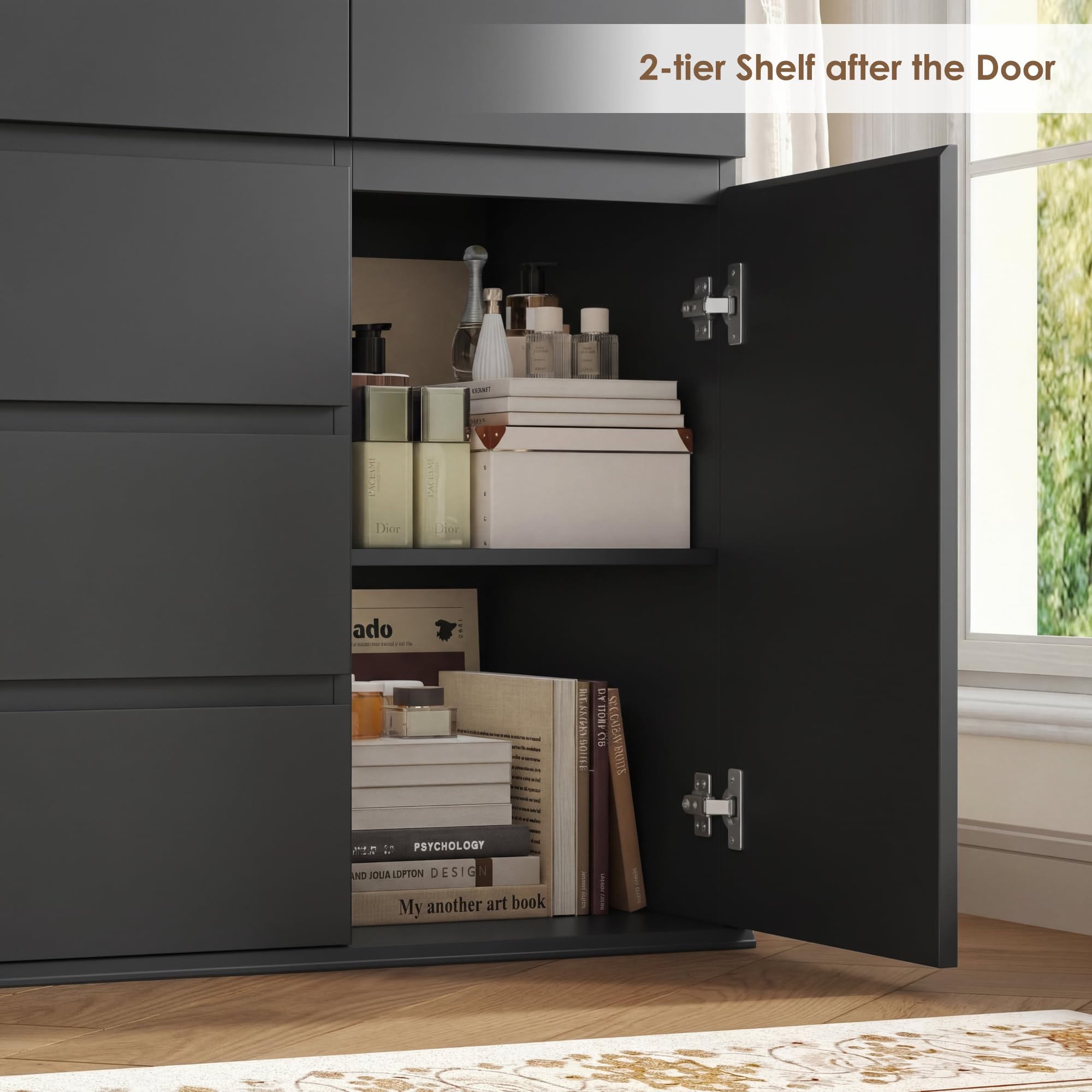 FOTOSOK 5 Drawer Dresser, Black Dresser for TV Stand, Double Wide Storage Chest of Drawers with Door, Deep Drawers and Wide Storage Space