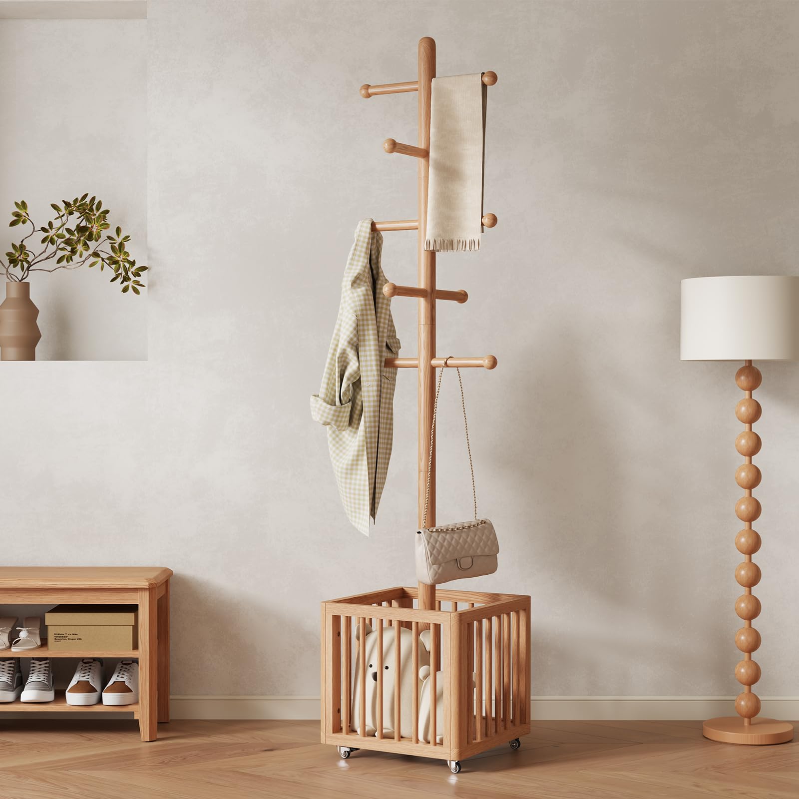 Wood Coat Rack with 10 Hooks & Rolling Wheels