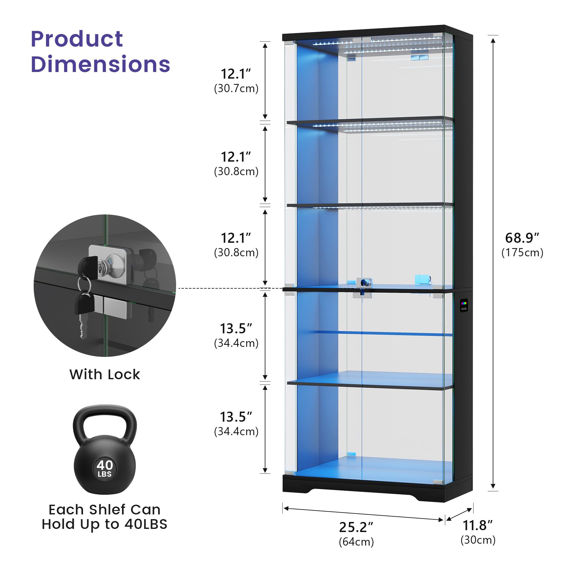 5-Tier Glass Display Cabinet with RGB LED Lights
