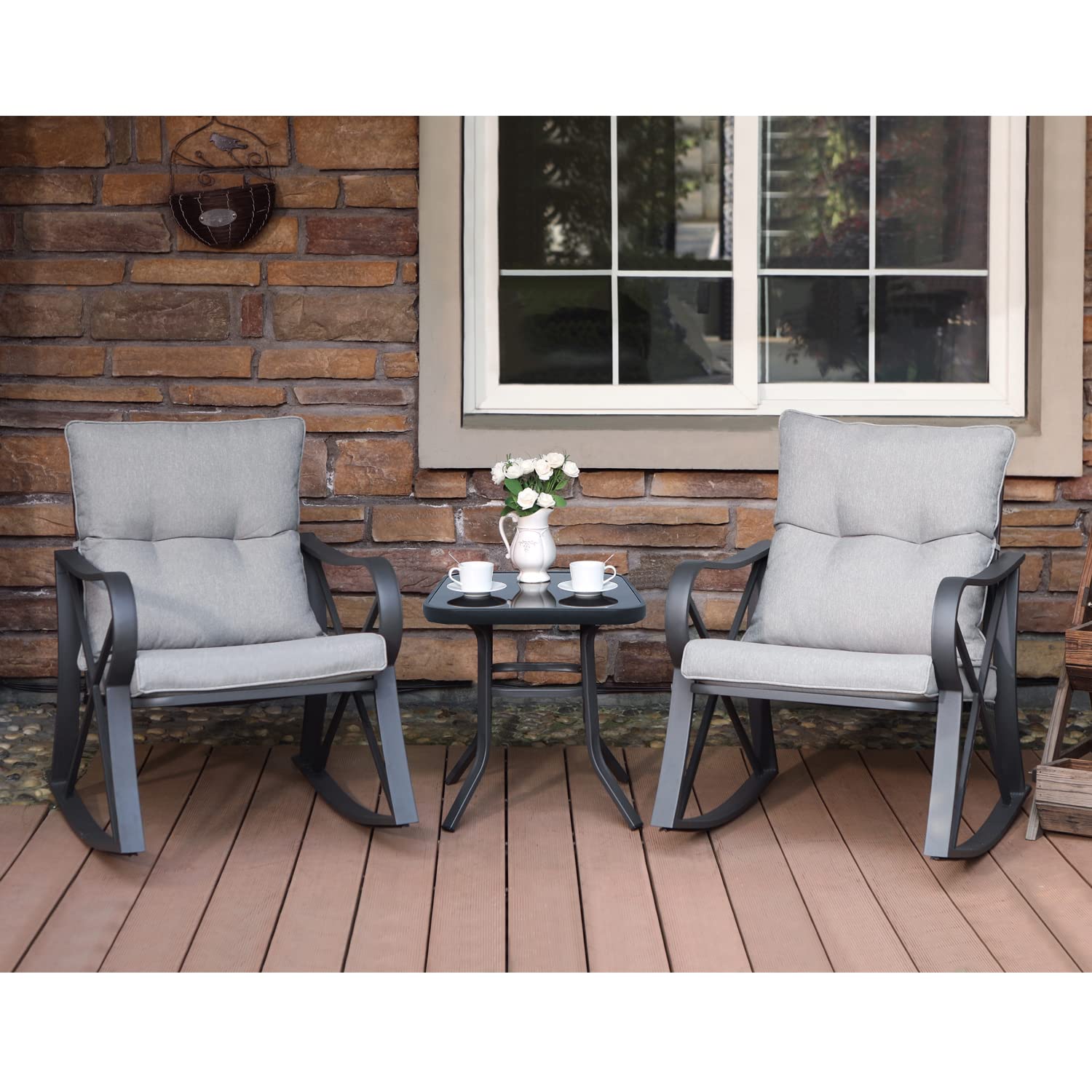 3-Piece Outdoor Rocking Bistro Set with Cushions & Glass-Top Table