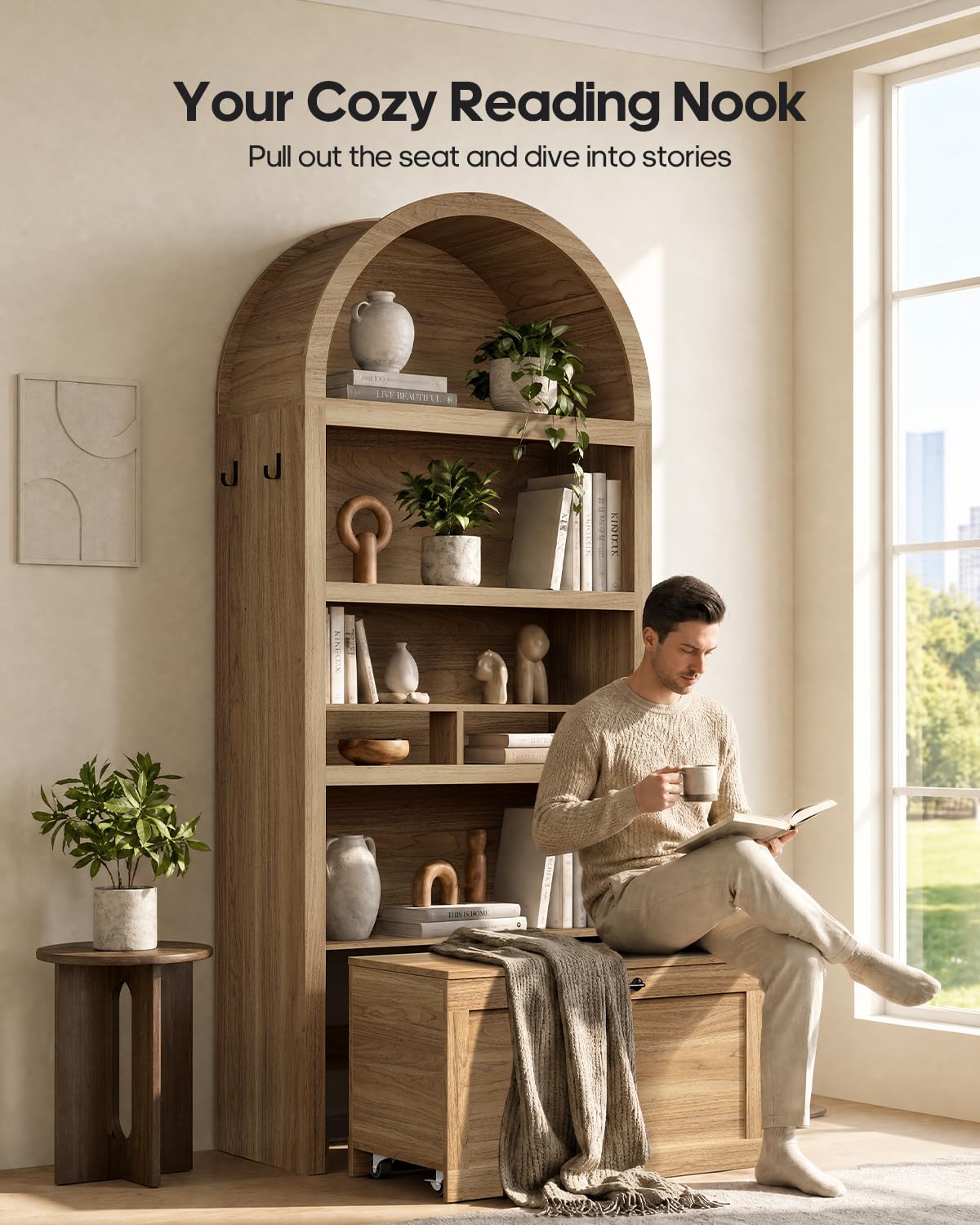 Arched Bookcase with Rolling Storage Bench