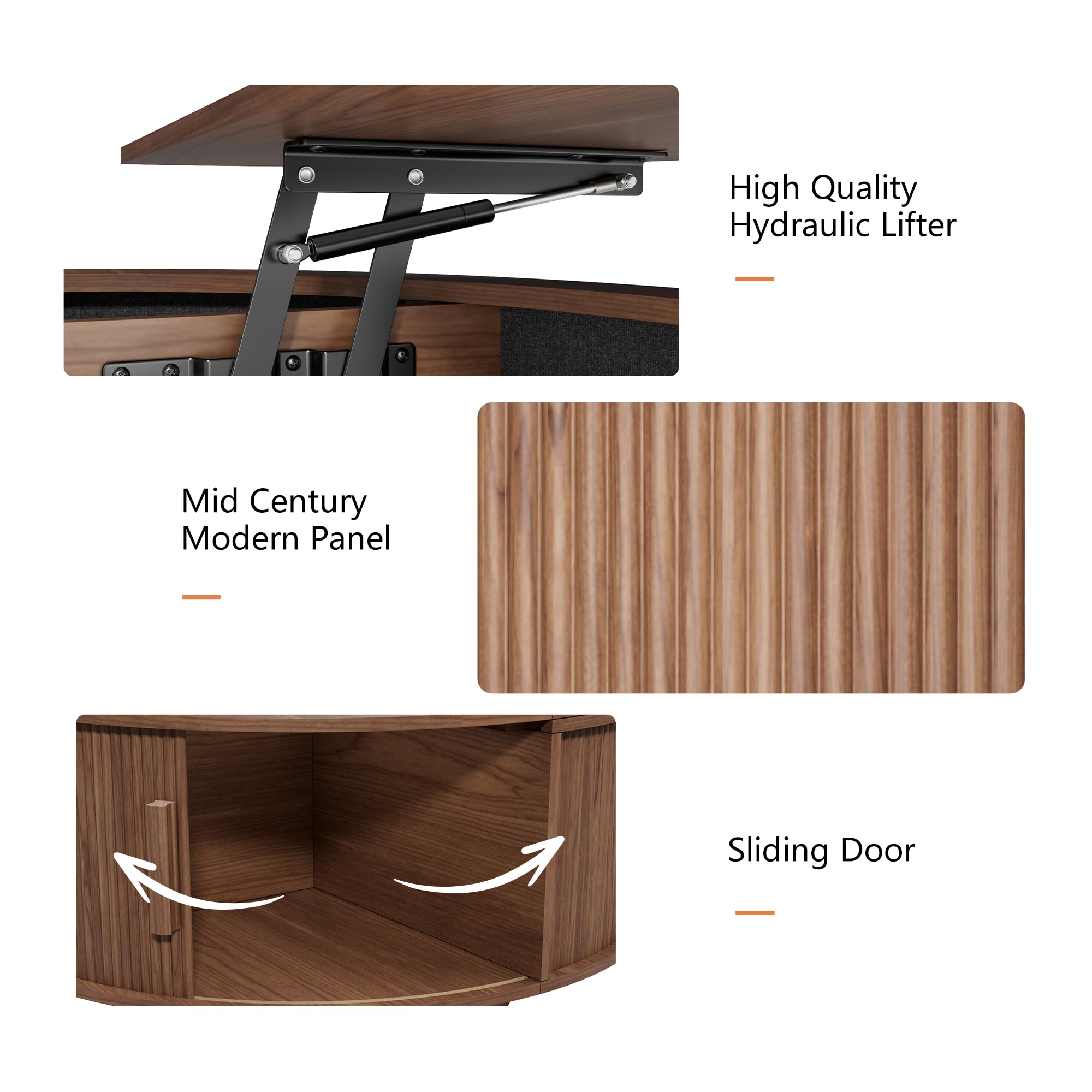 Round Lift Top Coffee Table, Mid Century Modern Fluted Circle Coffee Table with Hidden Storage Compartment, Wooden Center Table with Open Shelf for Living Room, Small Space, Walnut