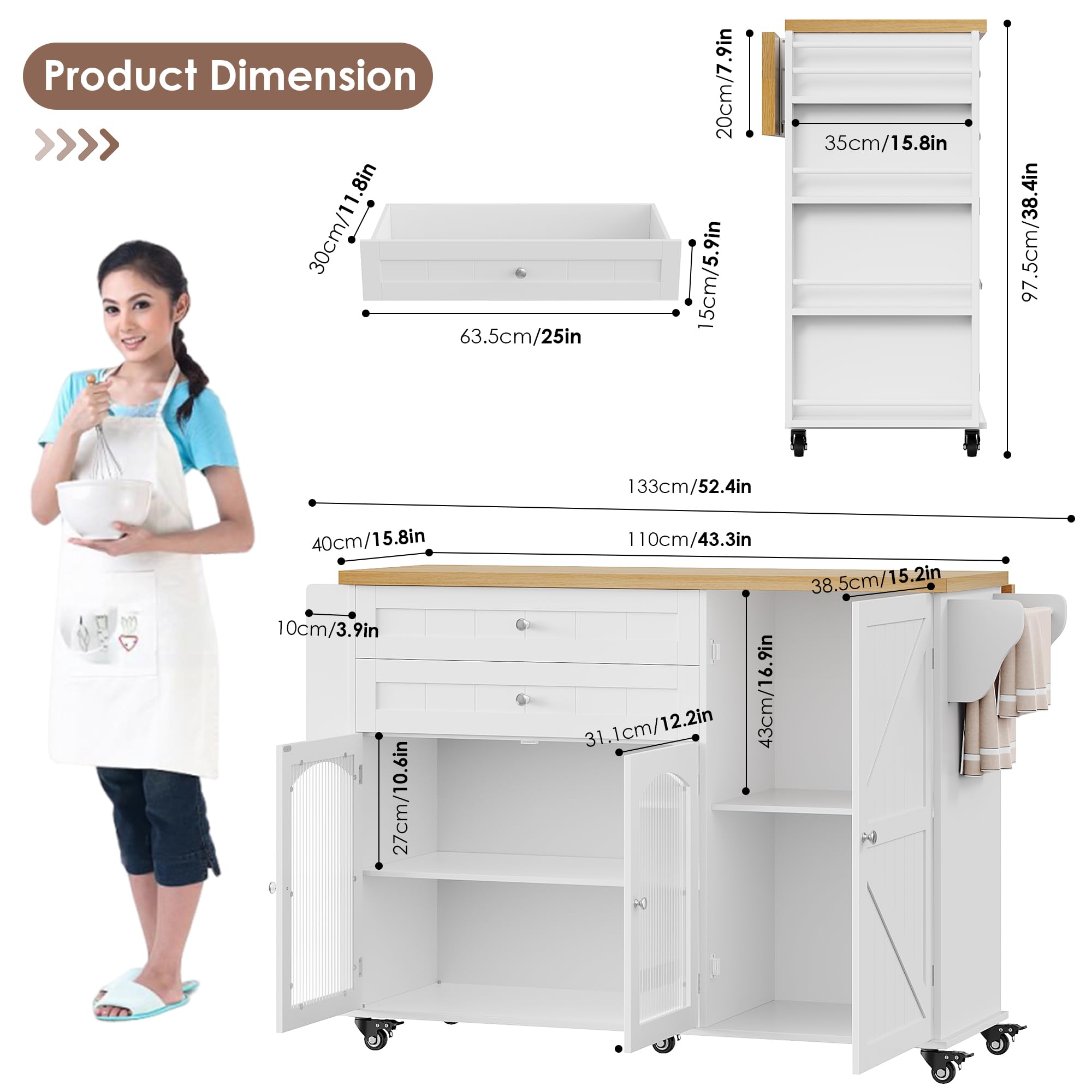Rolling Kitchen Island with Drop Leaf Countertop & Storage