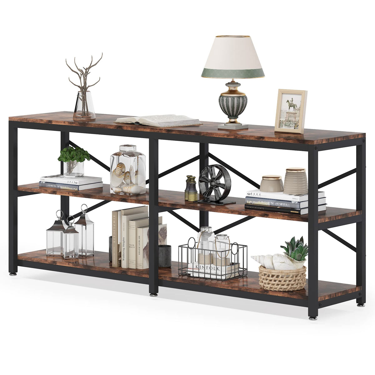 Tribesigns 70.9 Inch Extra Long Console Table, Modern Sofa Table Behind Couch Table with Storage Shelves, 3-Tier Industrial Hallway Entryway Table for Living Room, 3 Shelf Bookshelf(Brown)