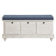 OSP Home Furnishings Dover Coastal Lift-Top Storage Bench with Shutter Face Styling, Distressed White Finish with Navy Fabric Cushion
