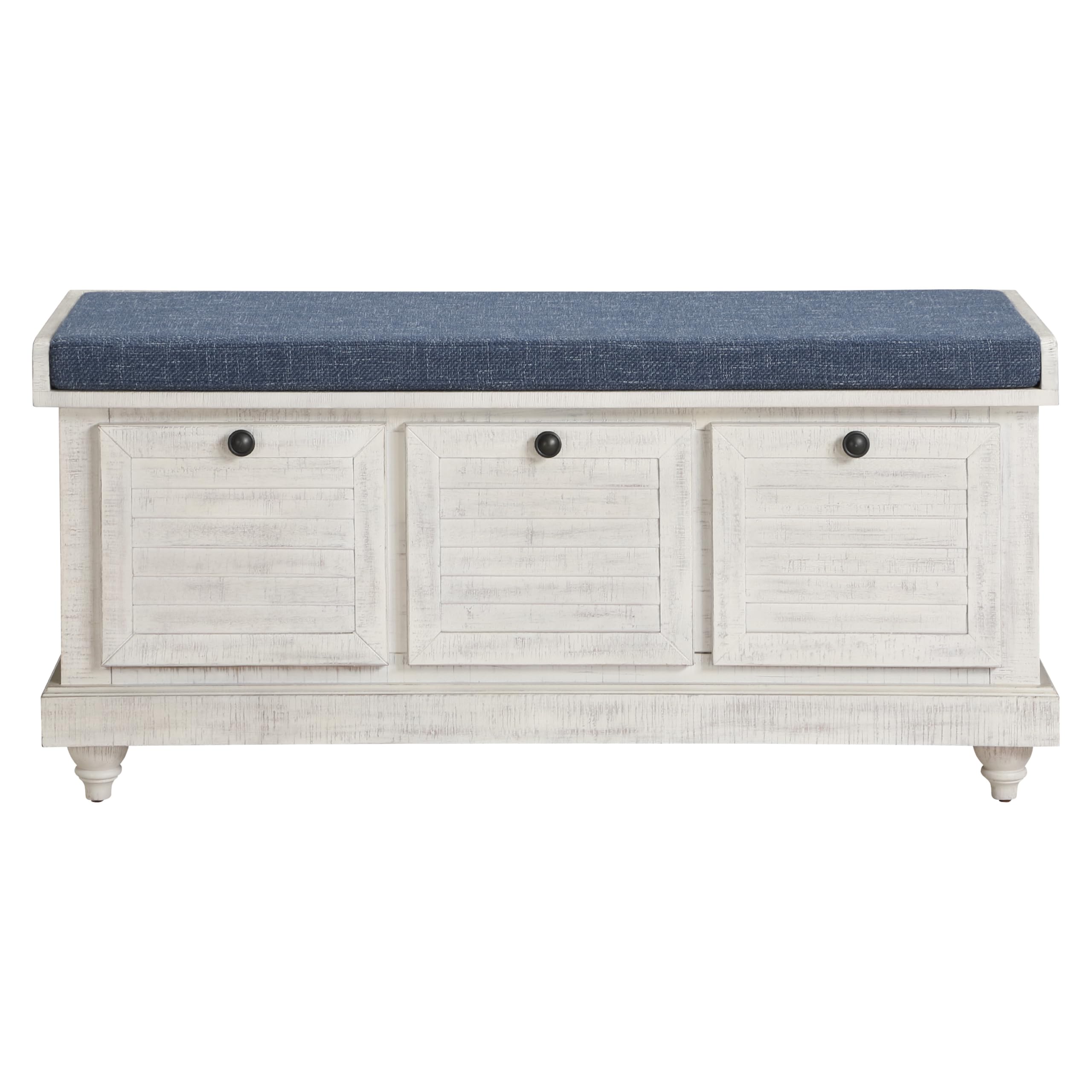 OSP Home Furnishings Dover Coastal Lift-Top Storage Bench with Shutter Face Styling, Distressed White Finish with Navy Fabric Cushion