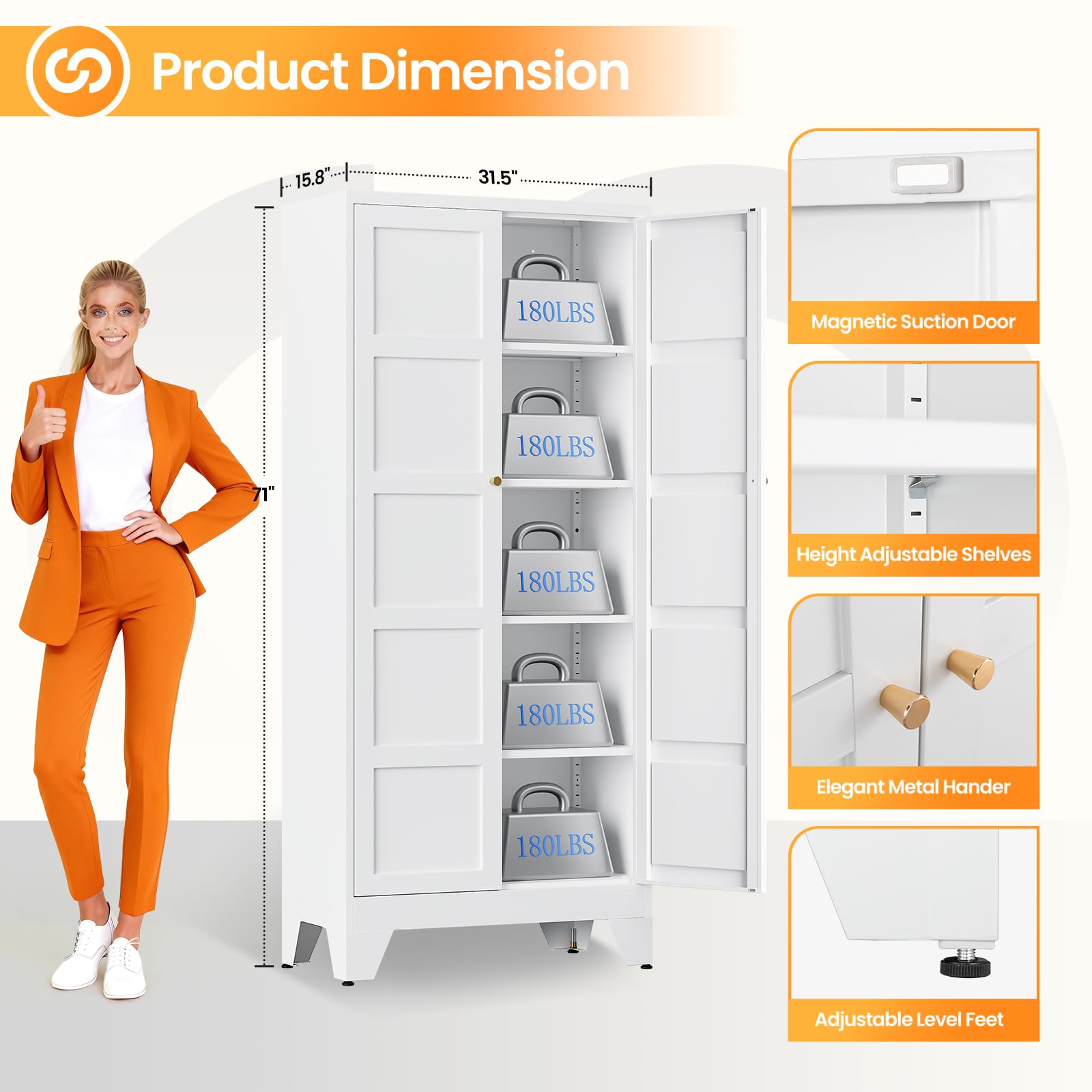 71" Tall Kitchen Cabinet Storage Unit With 2 Doors and 4 Adjustable Shelves, Metal White Freestanding Cupboard, 5 Tier Kitchen Pantry Storage Cabinet for Kitchen Dining/Living Room/Garage/Home/Office