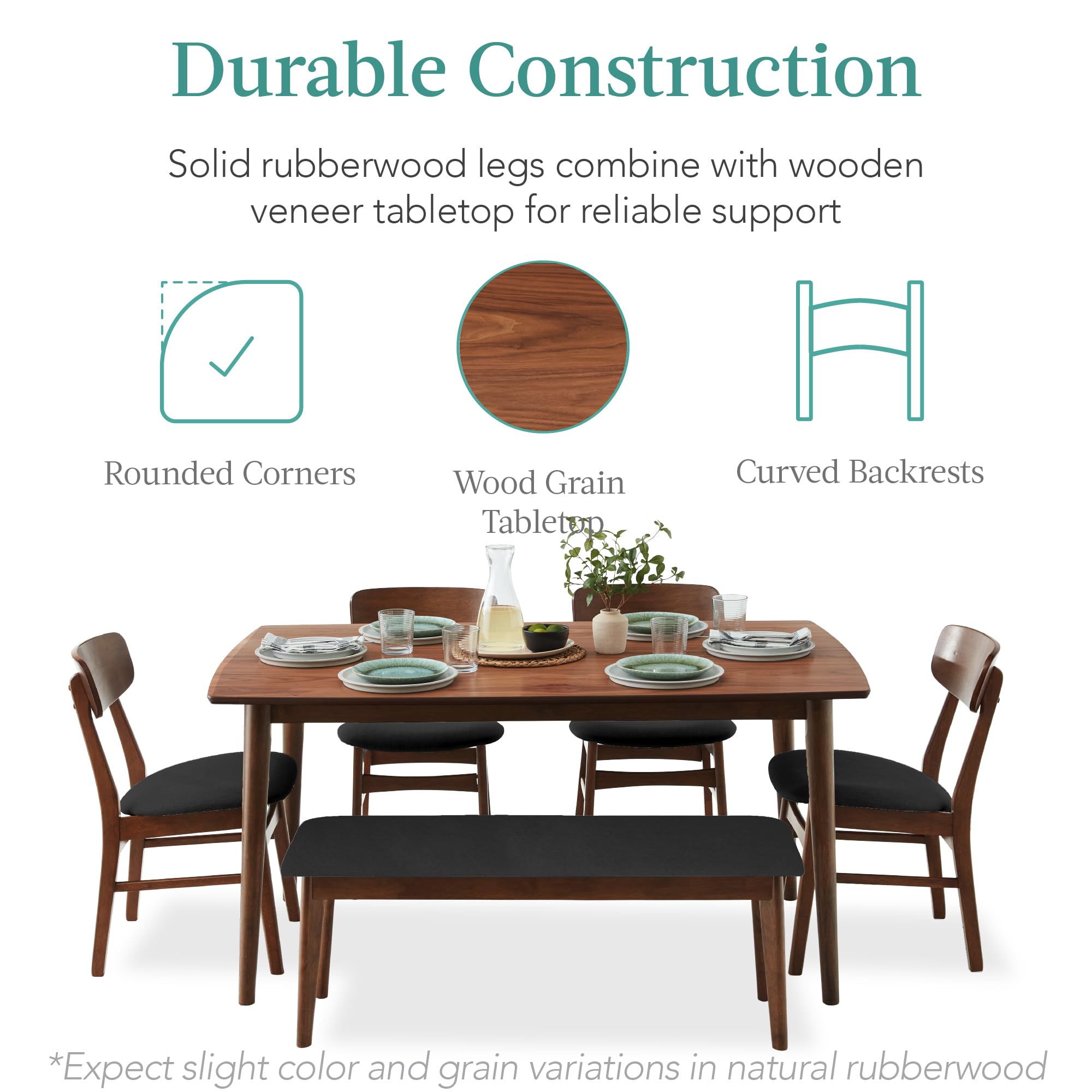 Best Choice Products 6-Piece Wooden Dining Set, Mid-Century Modern Table & Upholstered Chair Set w/Bench Seat, Rubberwood Legs - Walnut/Charcoal
