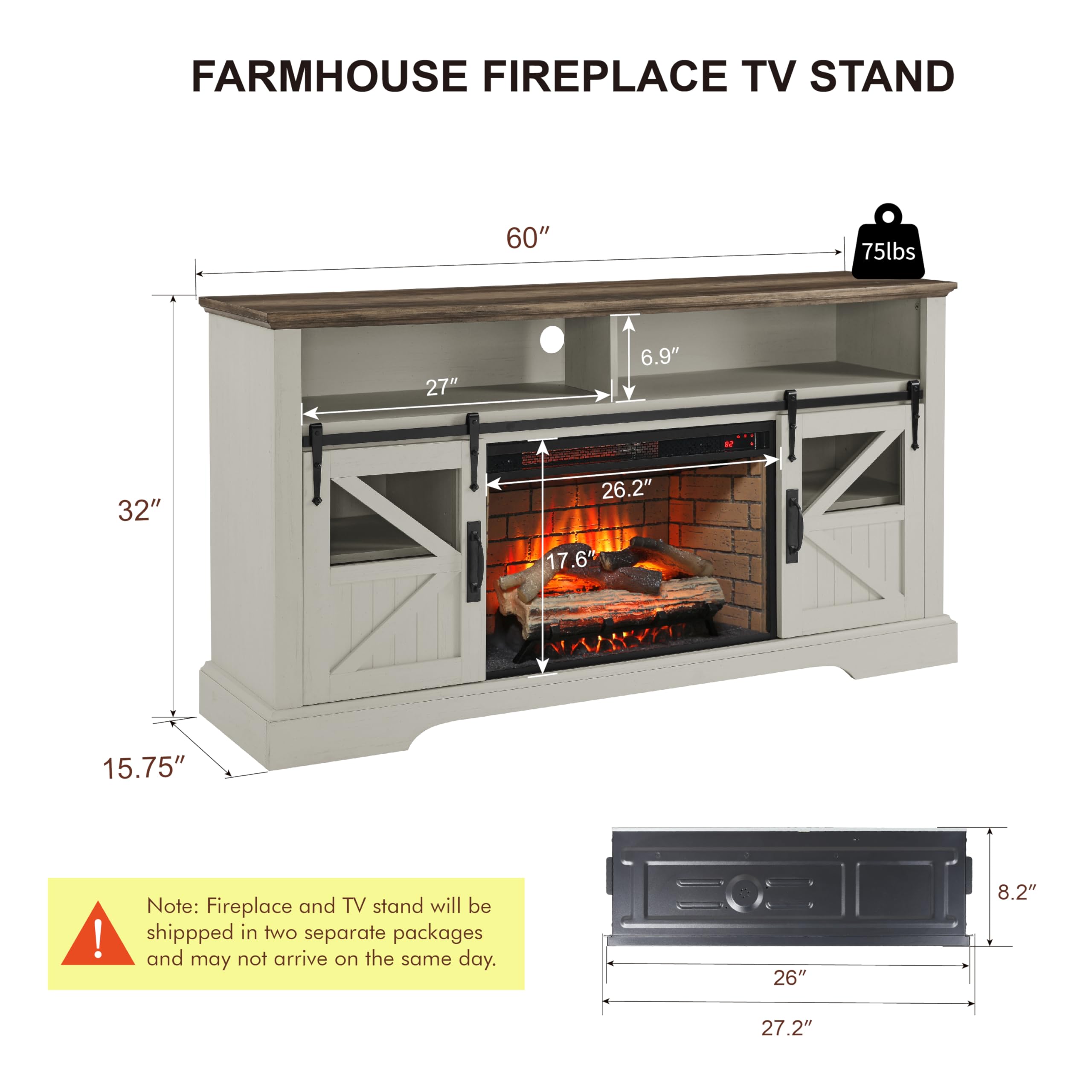 Farmhouse TV Stand with 26" Electric Fireplace