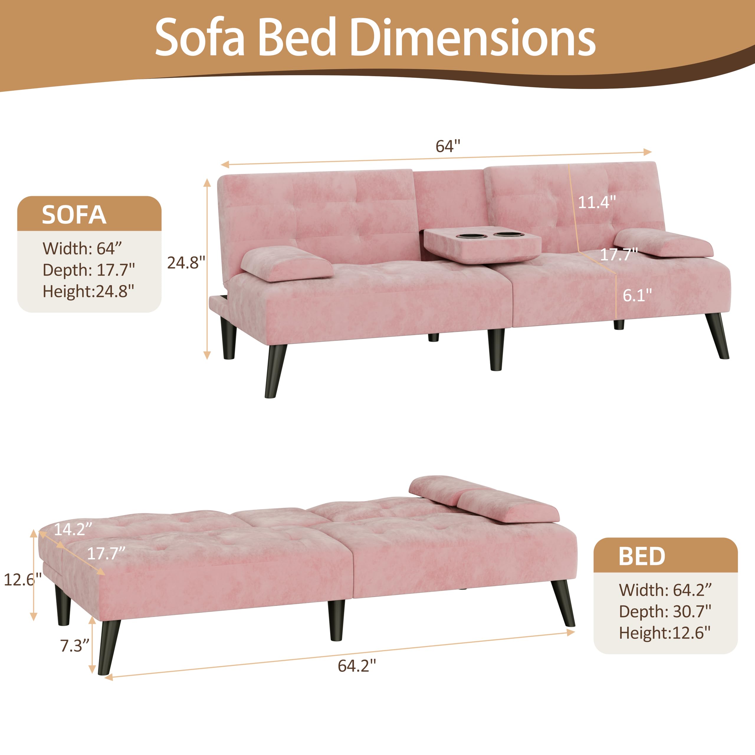 Convertible Futon Loveseat Sofa Bed with Adjustable Backrest & Cup Holders