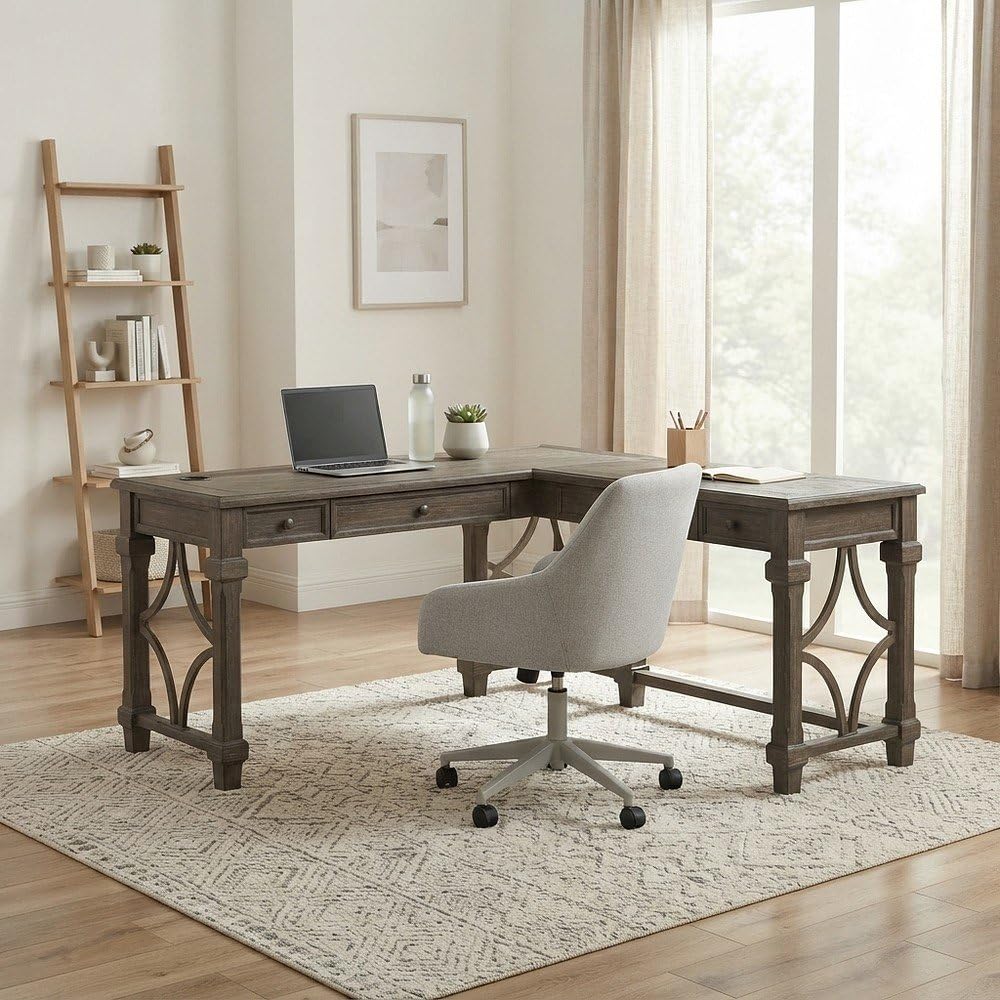 Martin Furniture Desk with Return and Drawers, Open L-Shape, Weathered Gray