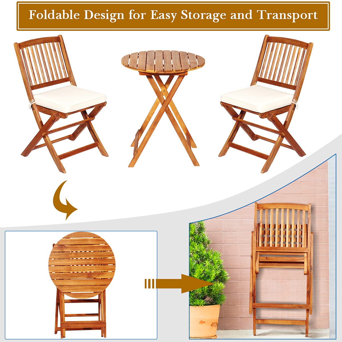 ORALNER 3-Piece Acacia Wood Folding Patio Bistro Set, Small Outdoor Balcony Furniture, Round Coffee Table and 2 Chairs with Soft Cushions, Teak Table Set for Porch, Backyard, Deck (Cream White)