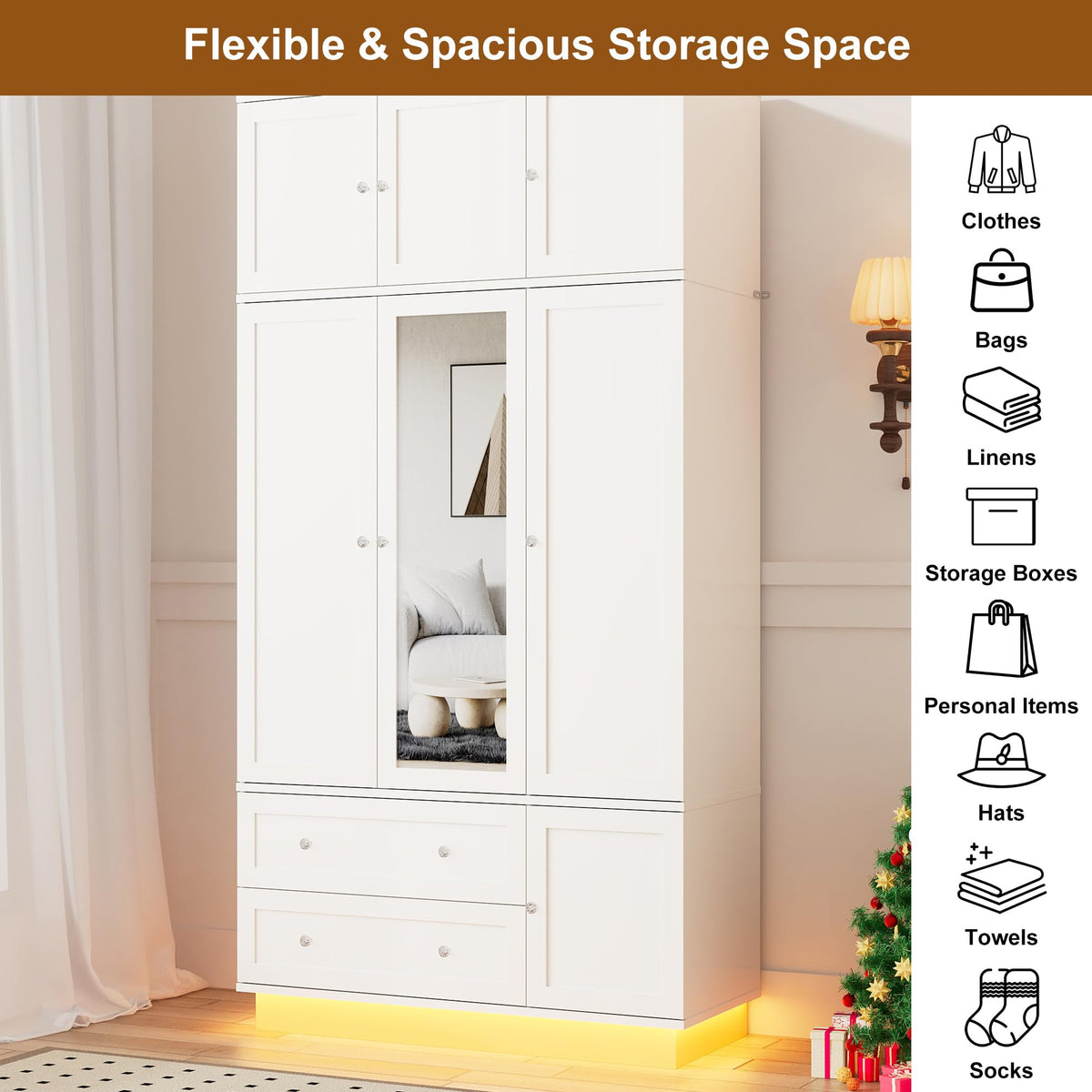 White Mirrored Wardrobe with LED Lighting