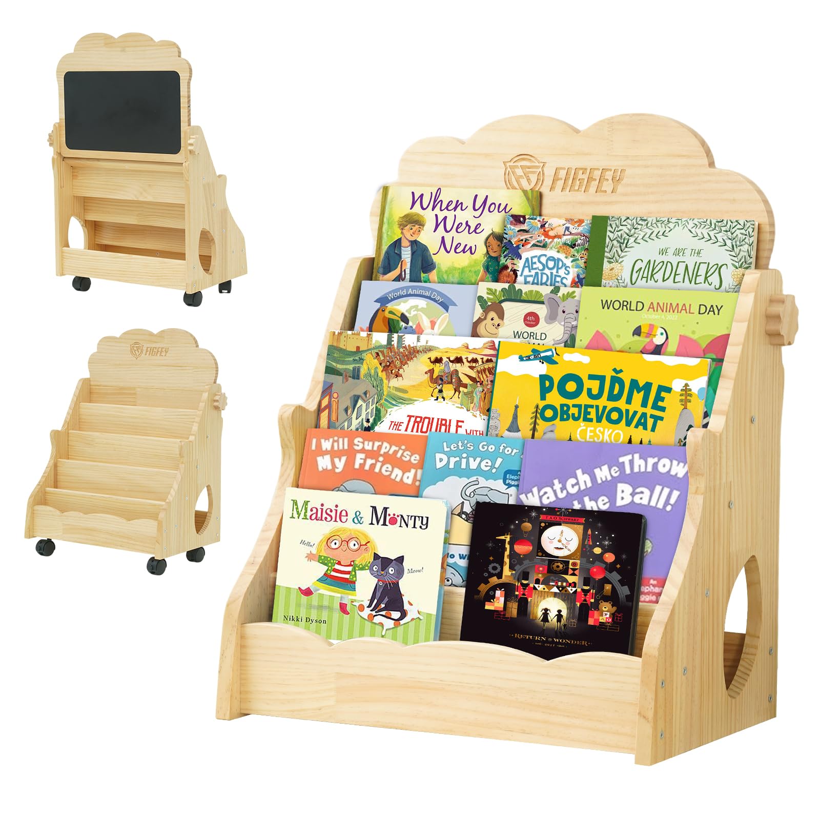 Figfey Kids Montessori Bookshelf 5-Tier Organizer with Lockable Wheels and Adjustable Drawing Board, Toddler Book Rack Nursery with Toy Storage Natural Wood Baby Book Shelf.