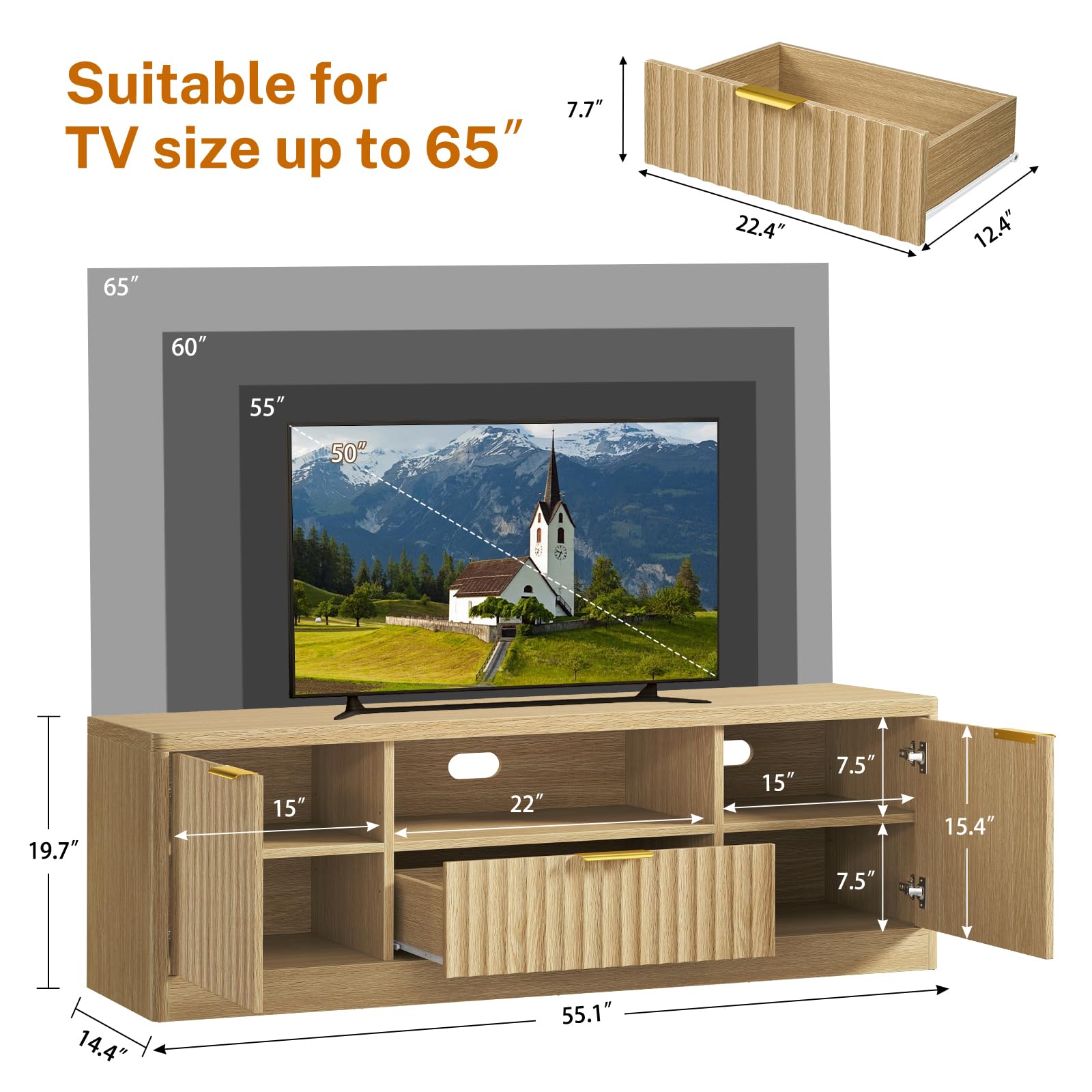 55" Fluted TV Stand with Drawer & Open Shelf