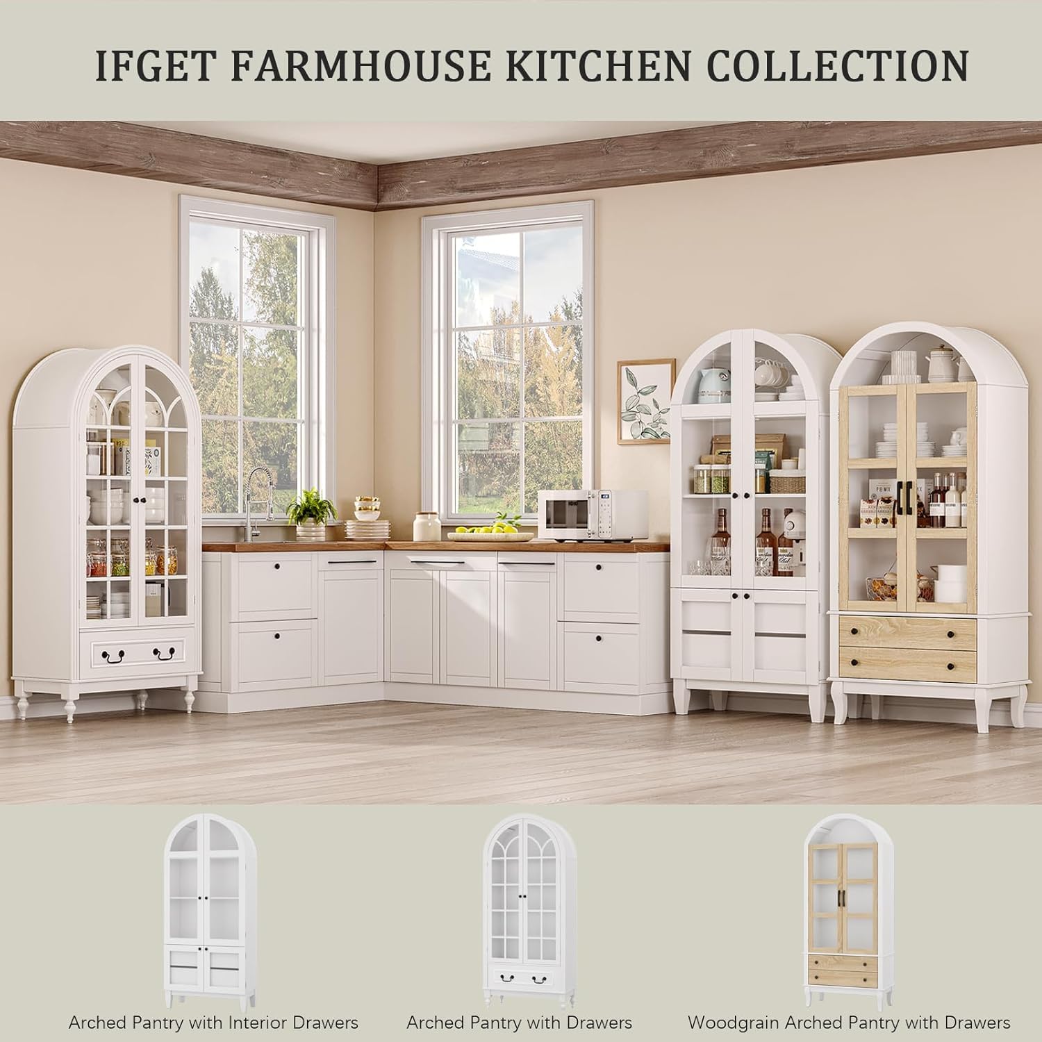 Arched Kitchen Pantry Cabinet with Glass Doors