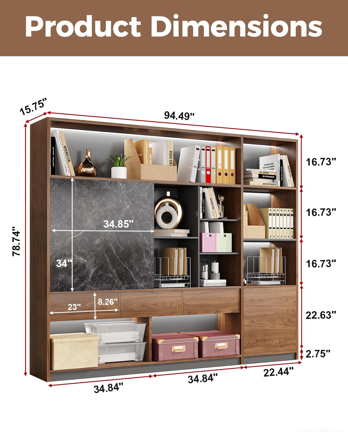 Nuipesn 94" Walnut File Cabinet with Sliding Door & LED, Large Wood Bookcase with Drawers, Modern Office Storage Cabinet & Shelving Unit for Executive Office, Home Office or Study