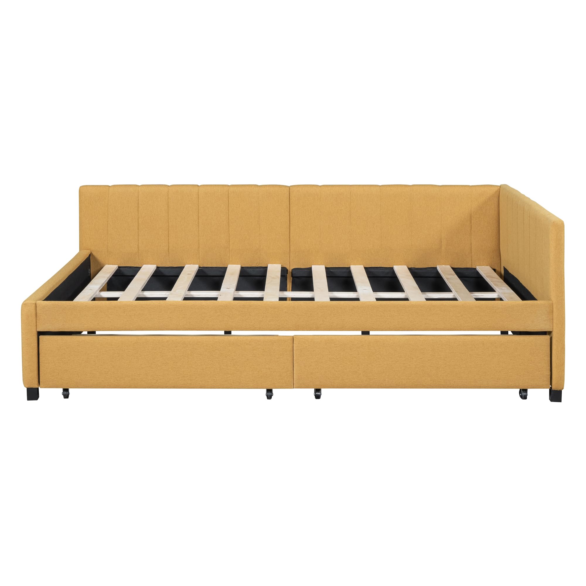 Merax Full Size Daybed with Drawers, Upholstered Full Daybed, Linen Fabric Sofa Bed, No Box Spring Needed, Yellow