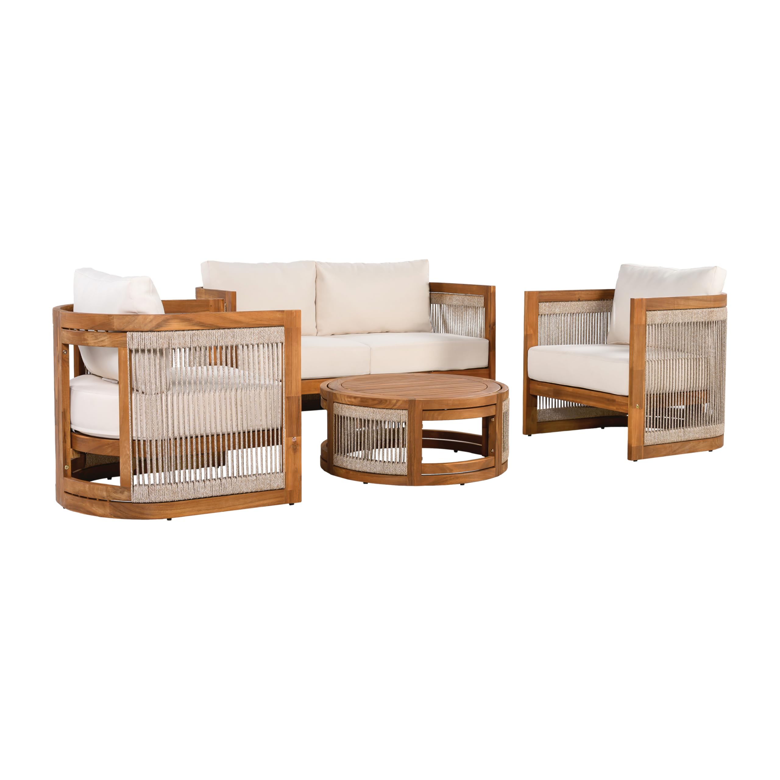 4-Piece Outdoor Conversation Set – Acacia Wood & Woven Rope