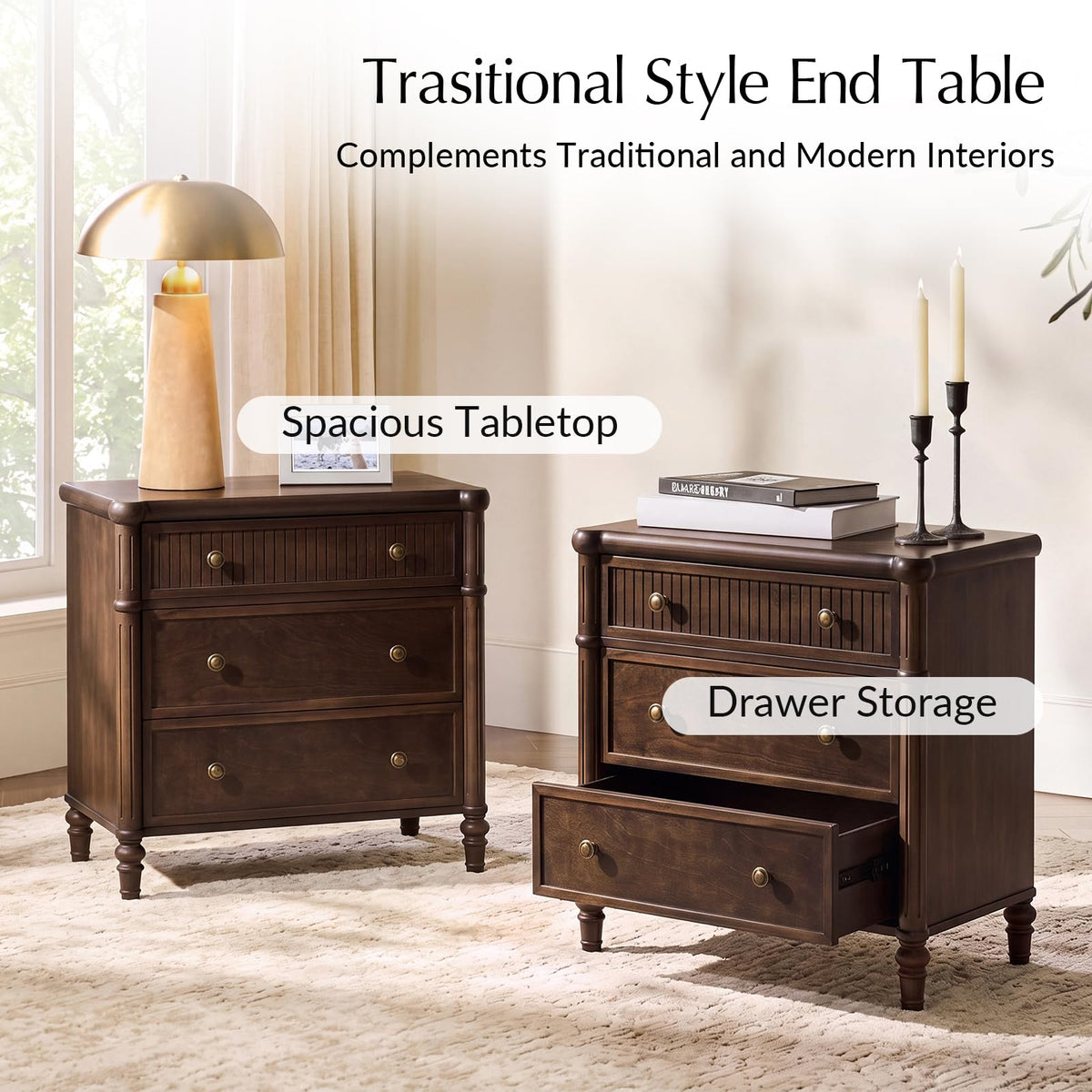 HULALA HOME Traditional Nightstand with Charging Station, Auburn, Set of 2