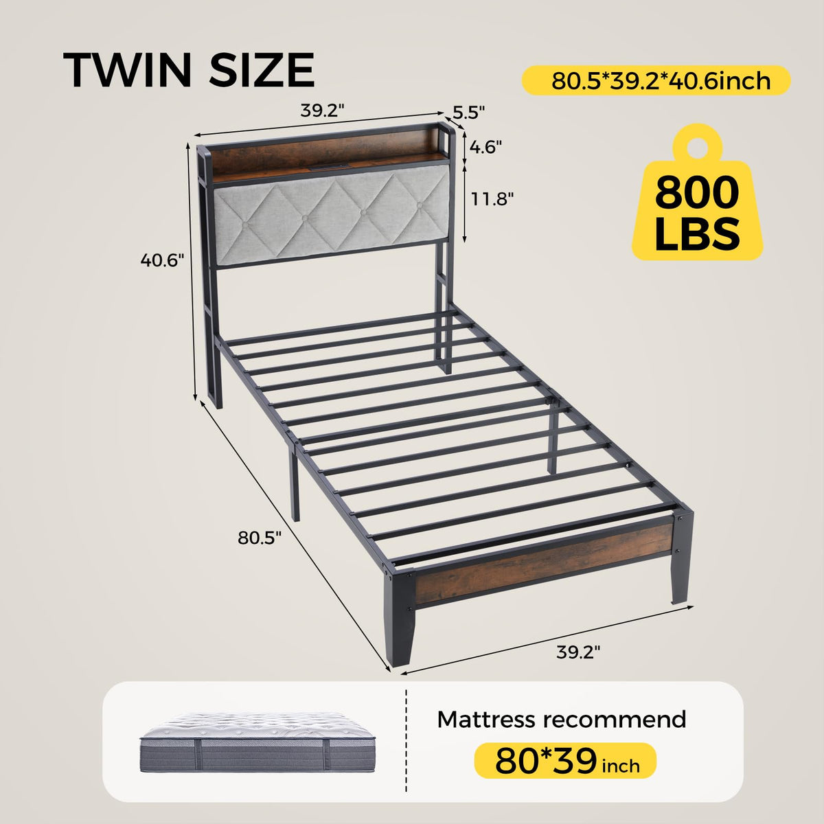 HAPPYMONT Twin Size Bed Frame, Headboard with Charging Plug