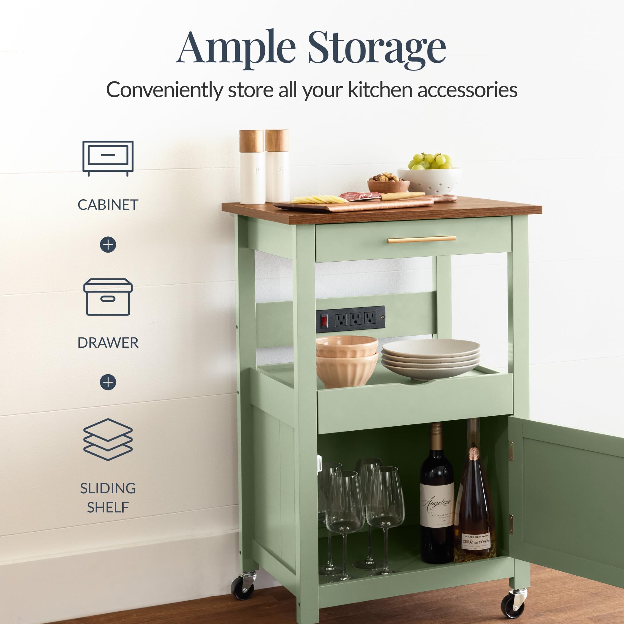 Best Choice Products Rolling Kitchen Island Cart, Single Door Cabinet W/Drawer, Sliding Tray, Outlet, Swivel Lockable Wheels, Hooks, Coffee Cart, Microwave Stand, for Dining Room - Pistachio Green