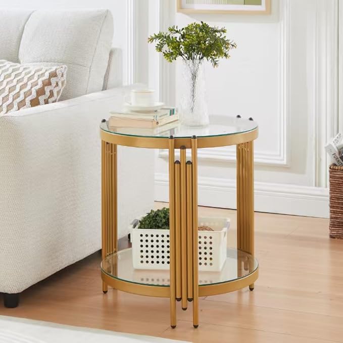Round Glass End Table with Storage